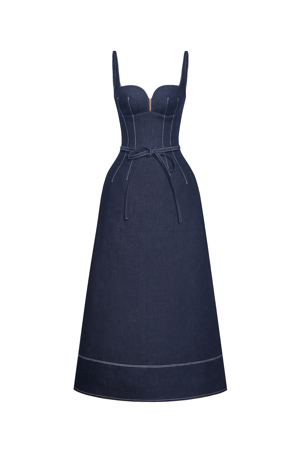 calista A-line Sleeveless Denim Midi Dress in blue