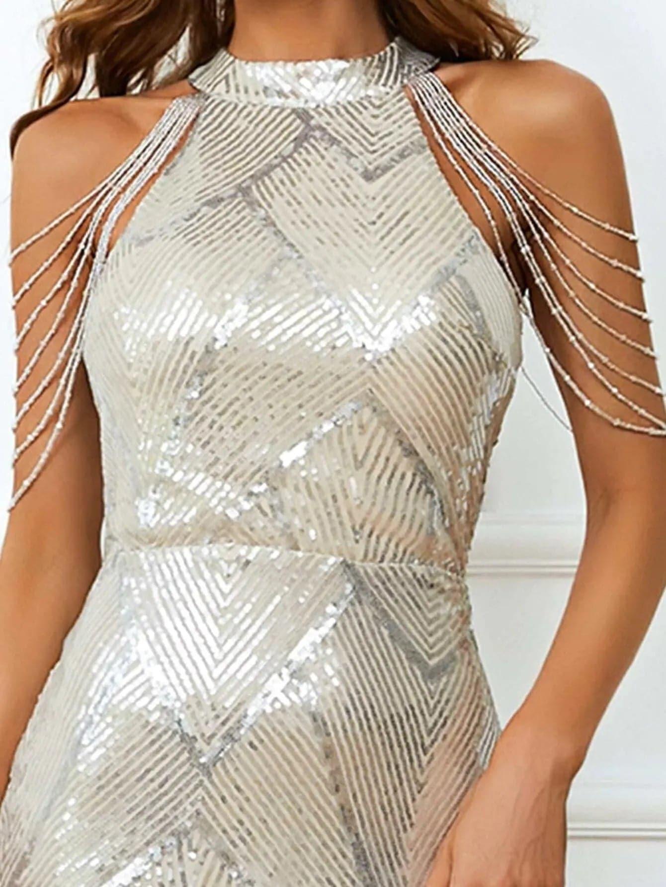 Geometric Sequin Chain Mermaid Prom Dress