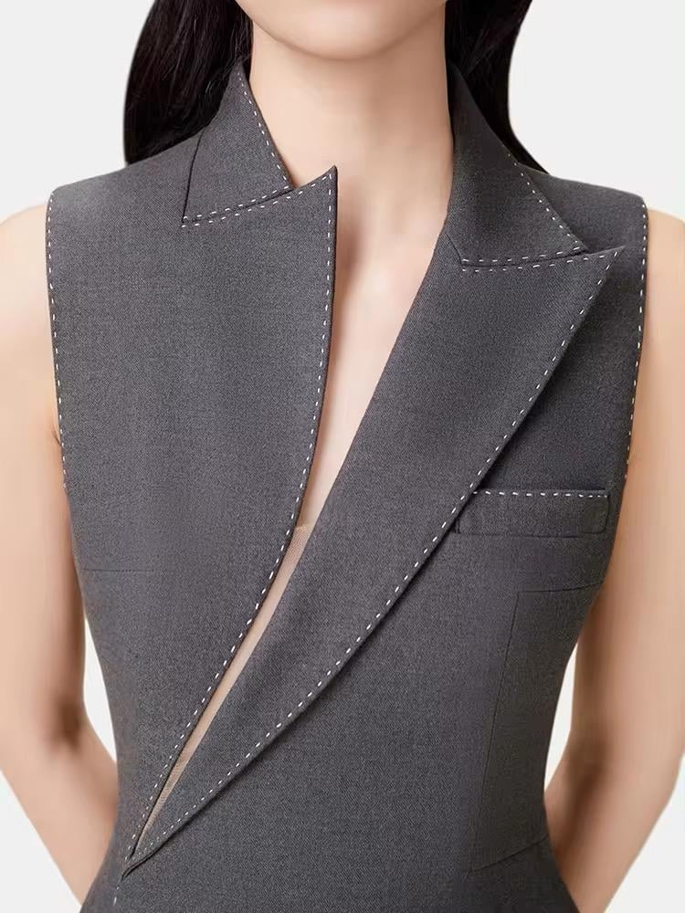 lindsay asymmetric collar blazer midi dress in grey