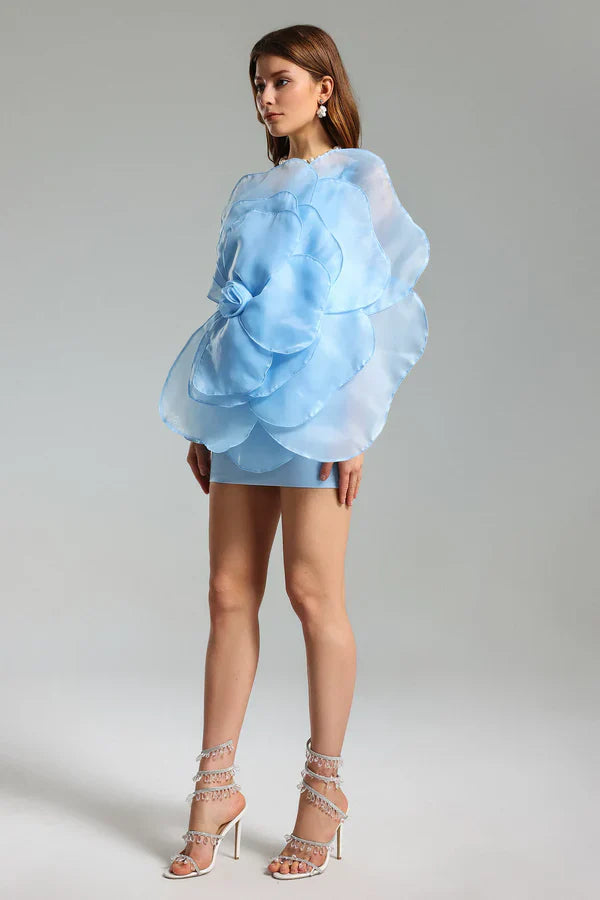 bonnie 3D Voluminous Organza Floral Mini Dress - Blue