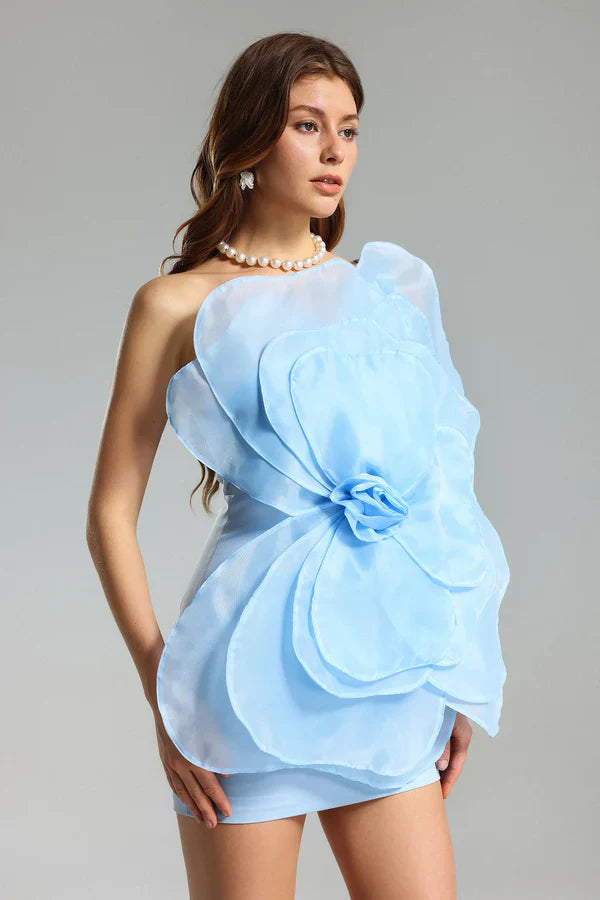 bonnie 3D Voluminous Organza Floral Mini Dress - Blue
