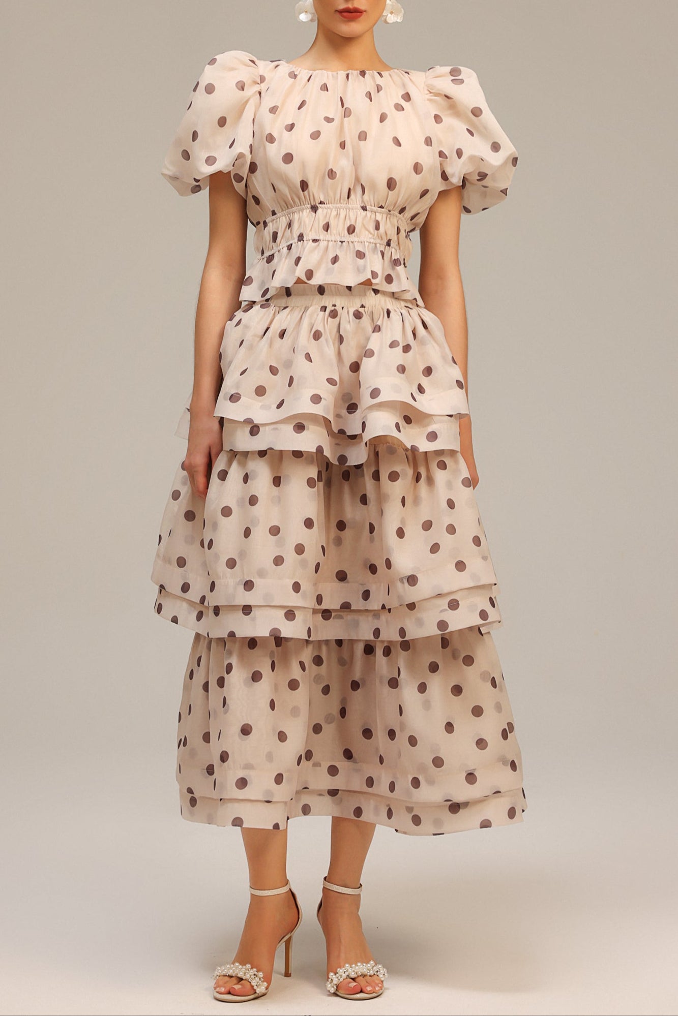 damla beige Puff Sleeves Dot Printed Top And Skirt Two-Piece Set