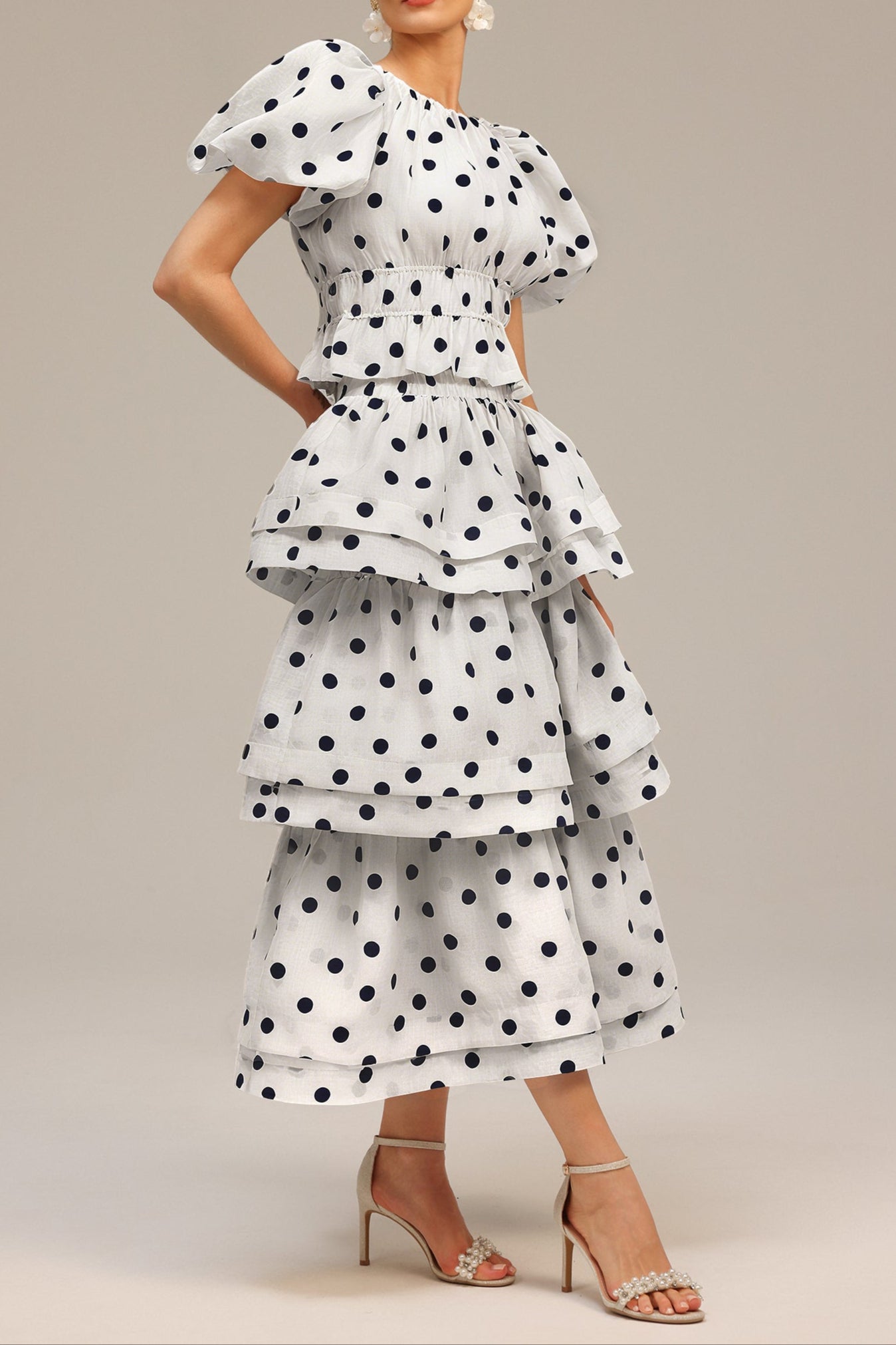 damla white Puff Sleeves Dot Printed Top And Skirt Two-Piece Set