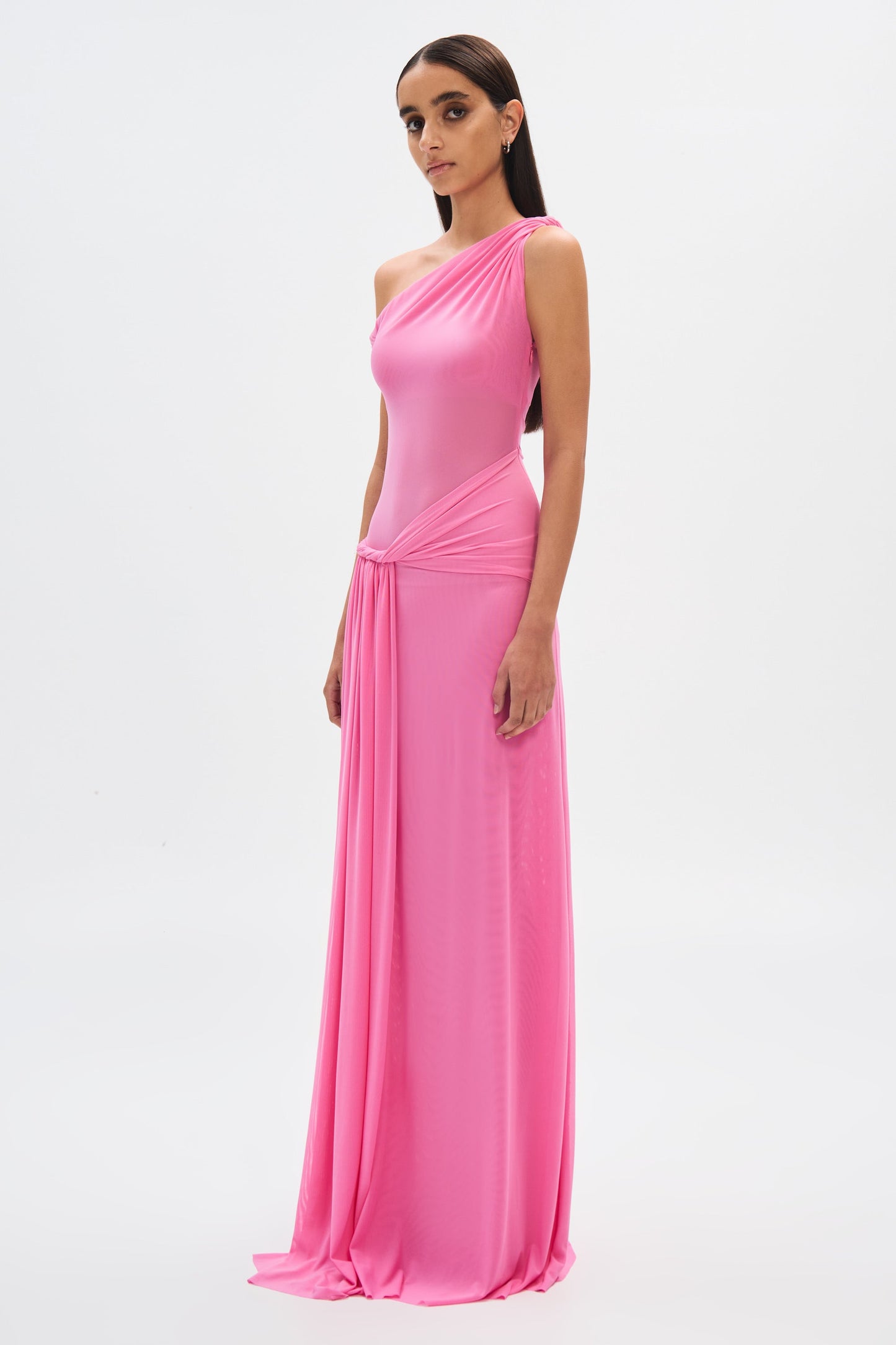 kama one-shoulder pleated draped maxi dress in pink