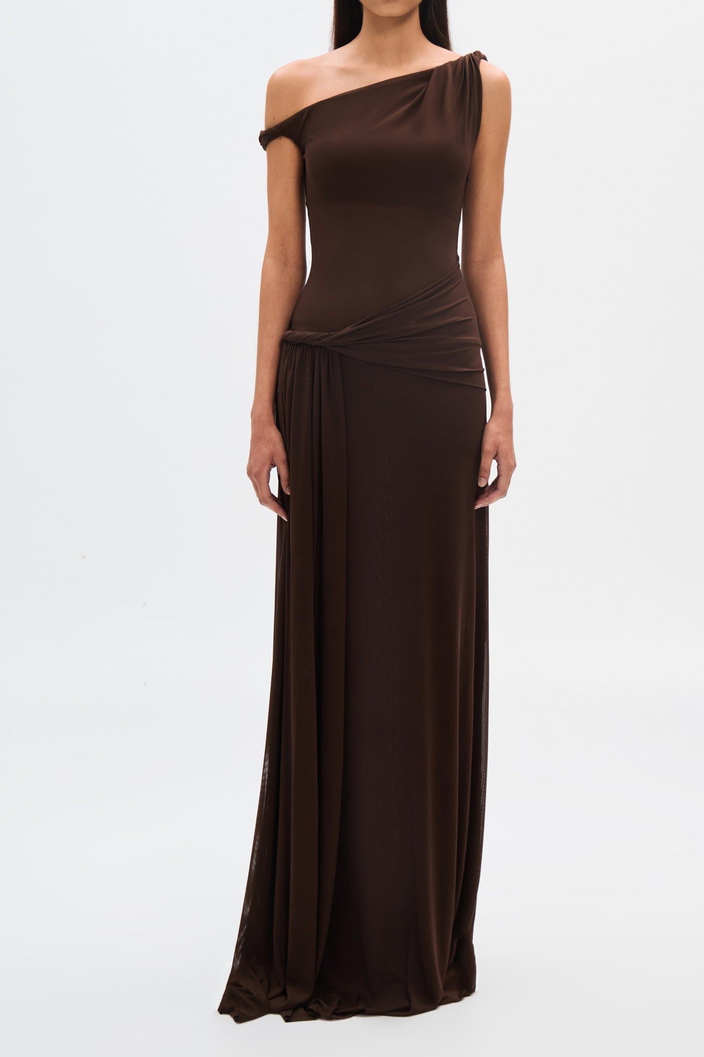 kama one-shoulder pleated draped maxi dress in brown