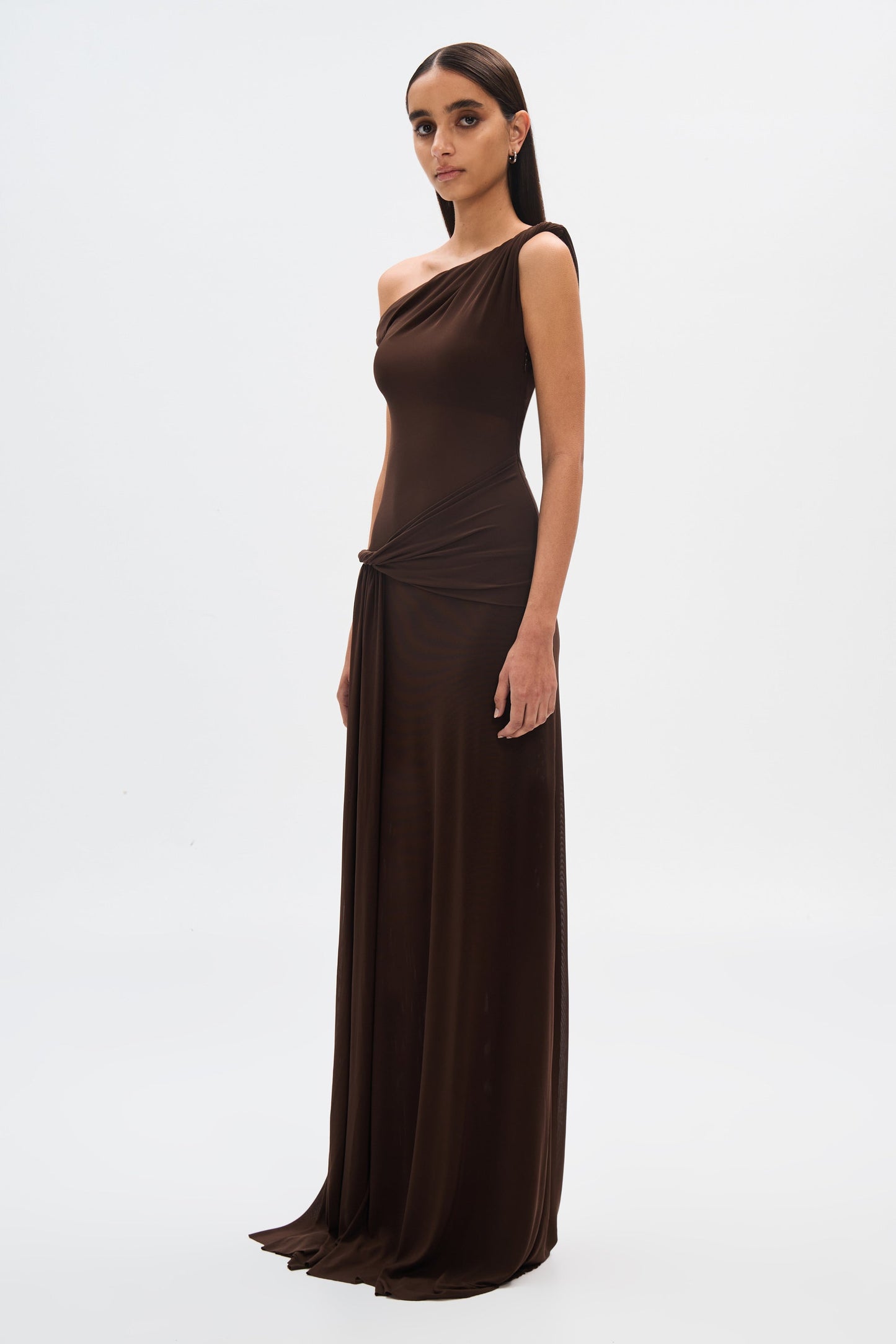 kama one-shoulder pleated draped maxi dress in brown