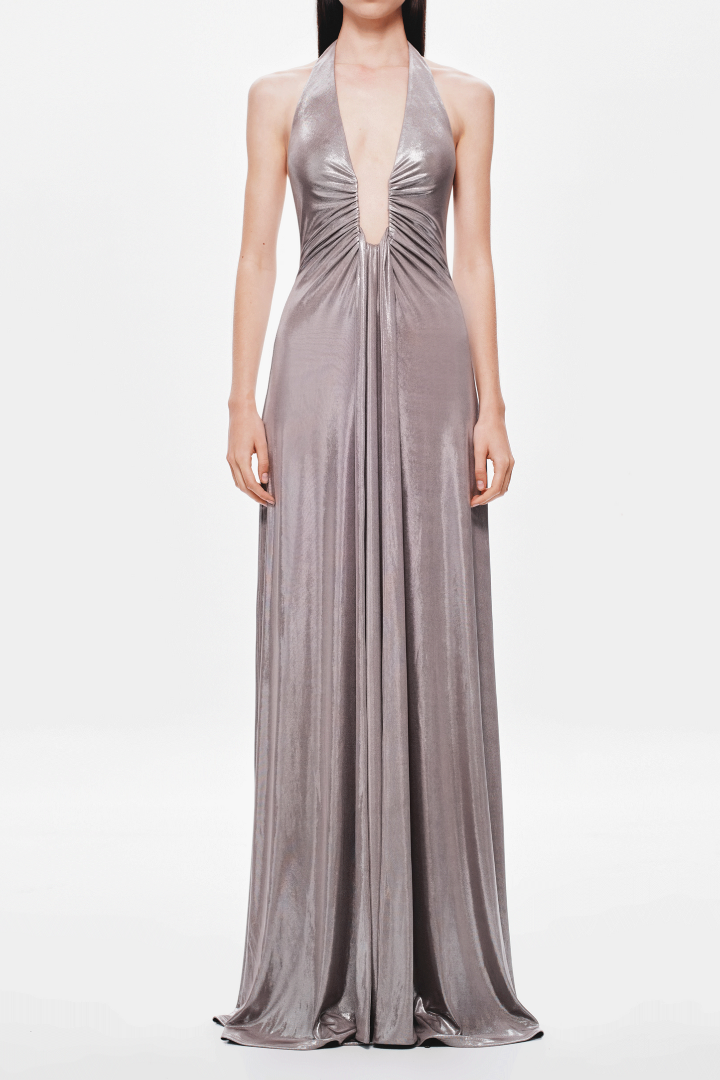 lauren halter deep v-neck pleated backless maxi dress in silver