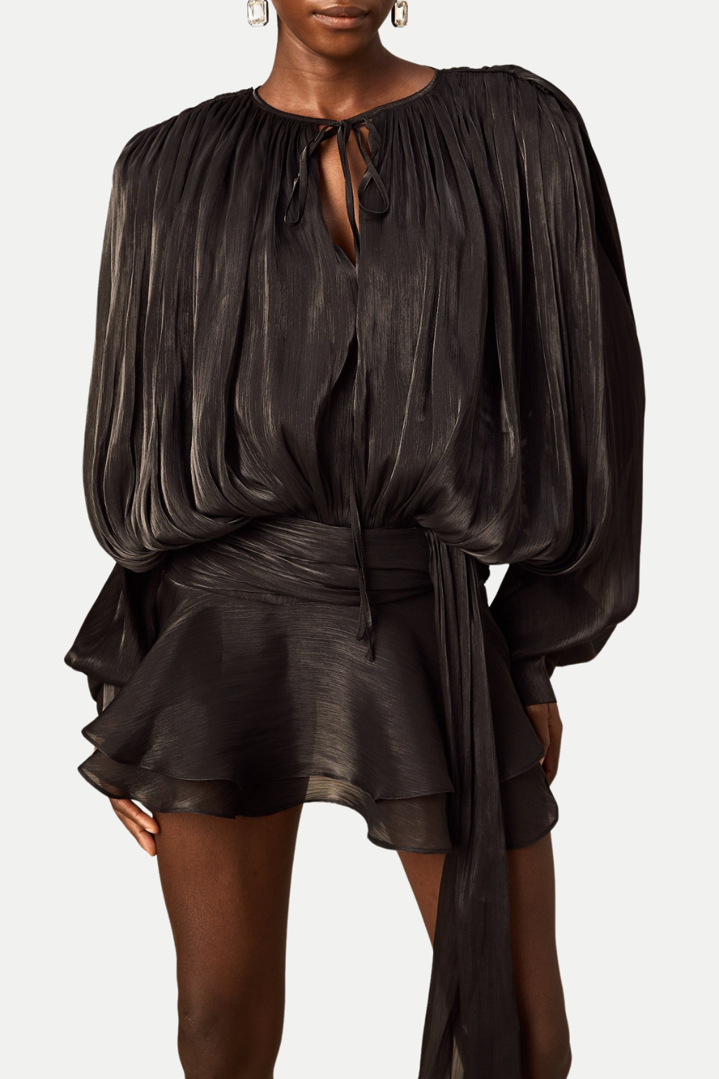 Anzay Pleated Ruffled Hem Mini Dress - Black