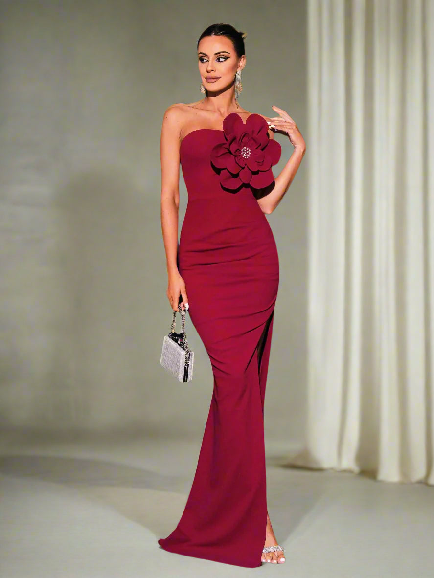 Strapless Appliqued Split Wedding Guest Dress