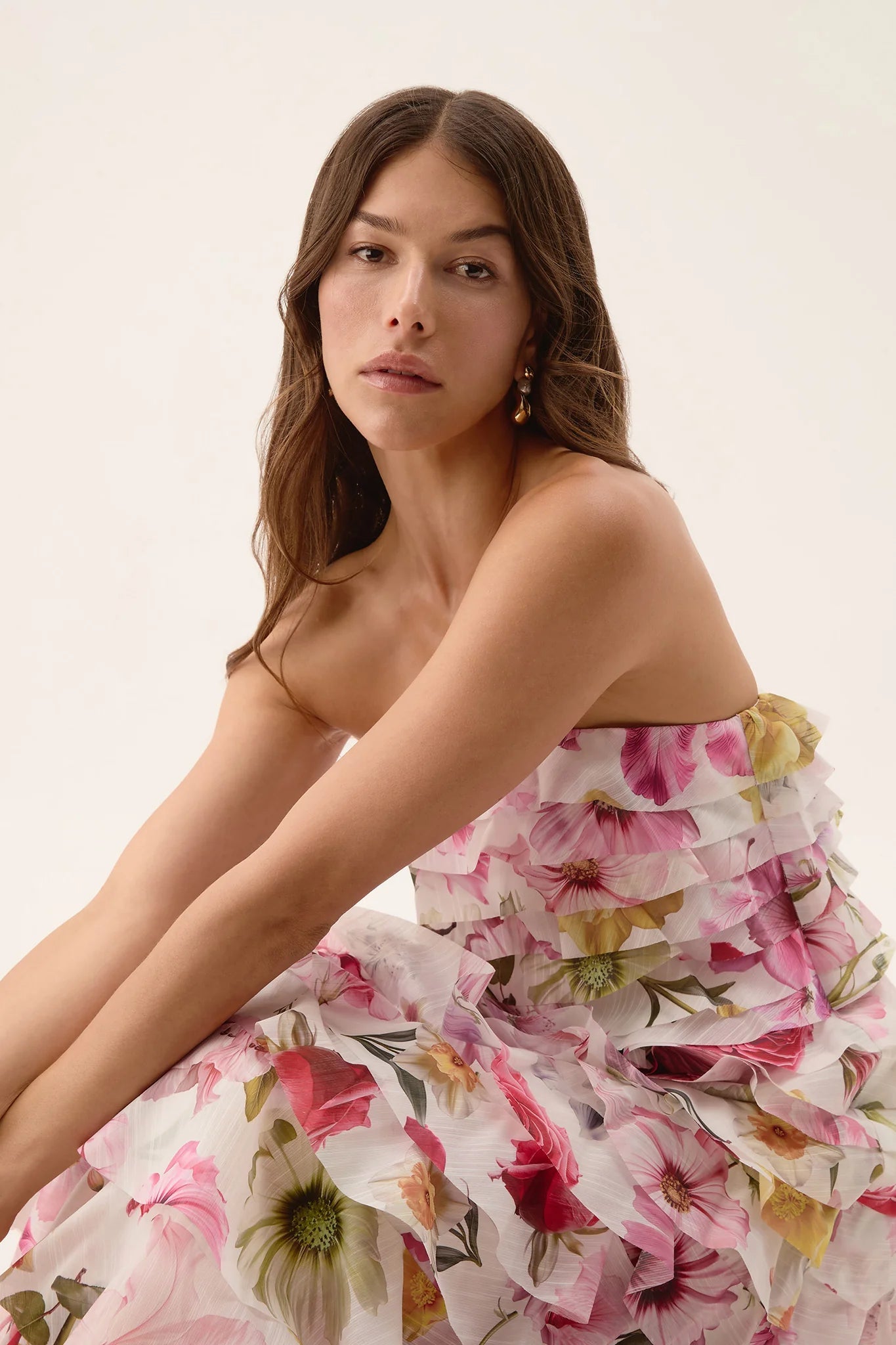 cathy floral print Pleated layer strapless maxi dress in pink