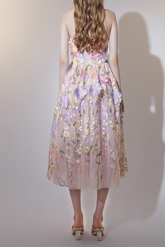 prima floral embroidery midi dress in pastel pink