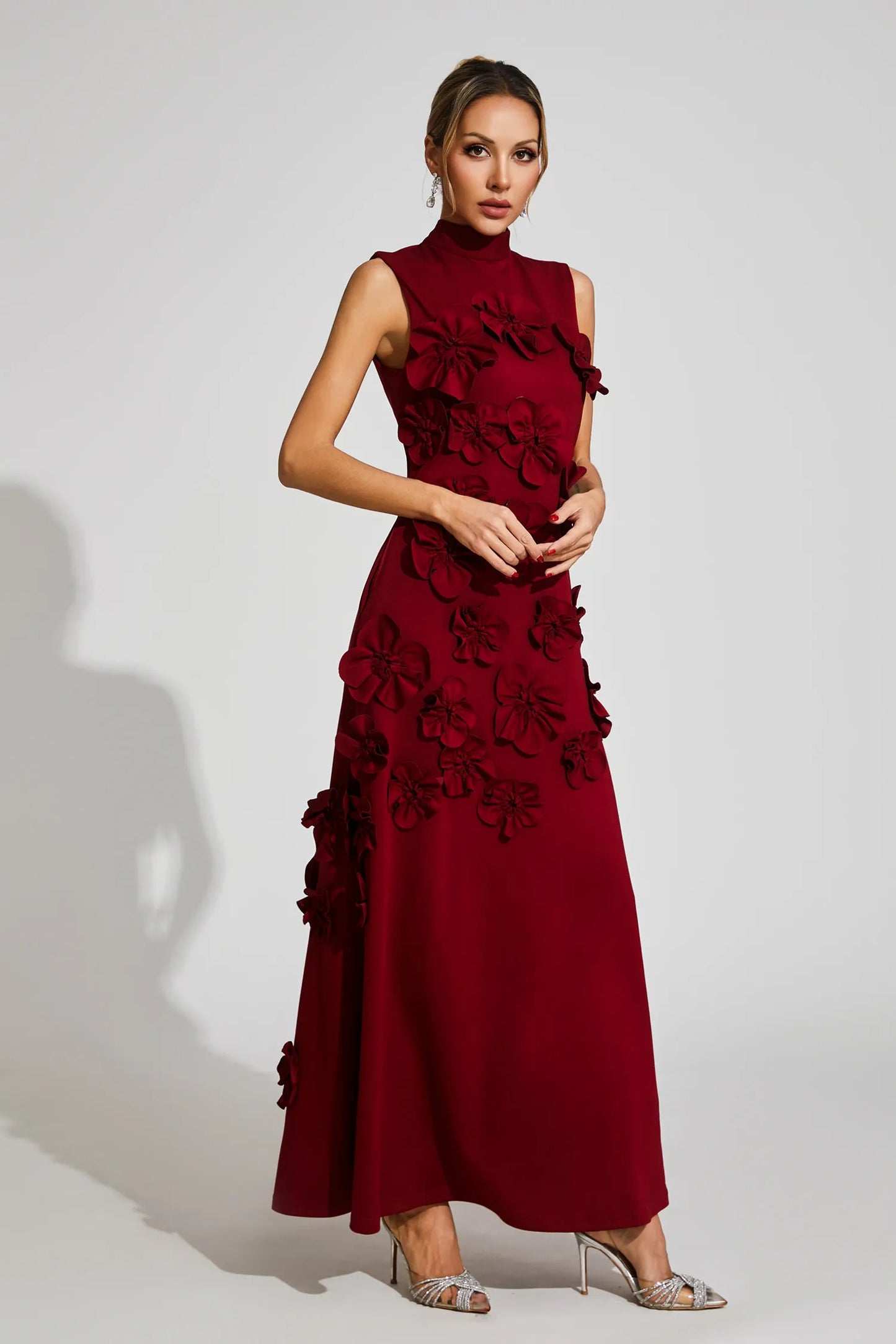 modesty RED FLOWER EMBELLISHED MAXI DRESS