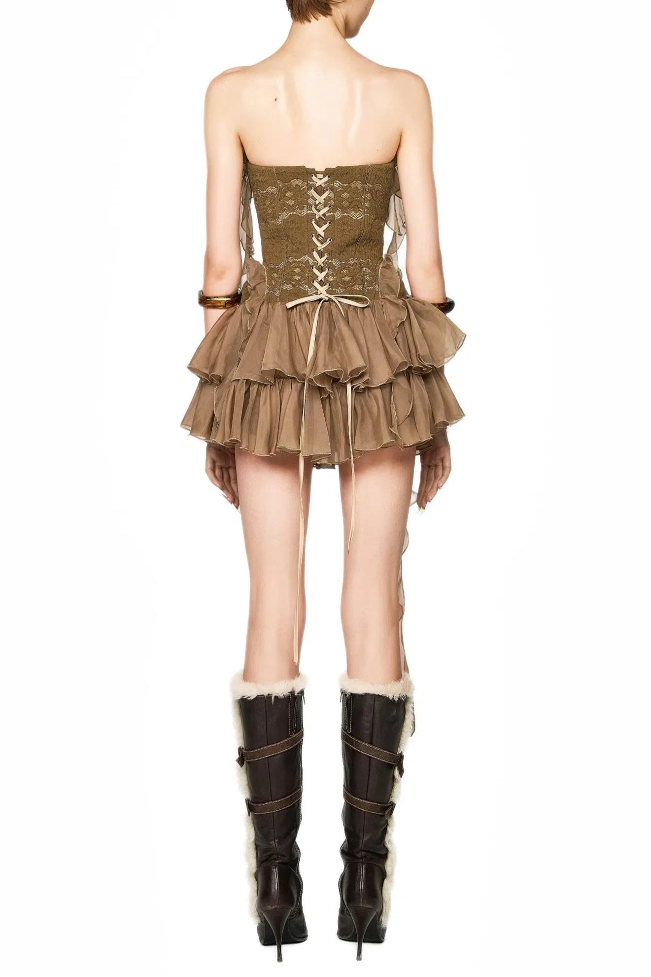 sherry ruffle trim fish bones mini dress in brown