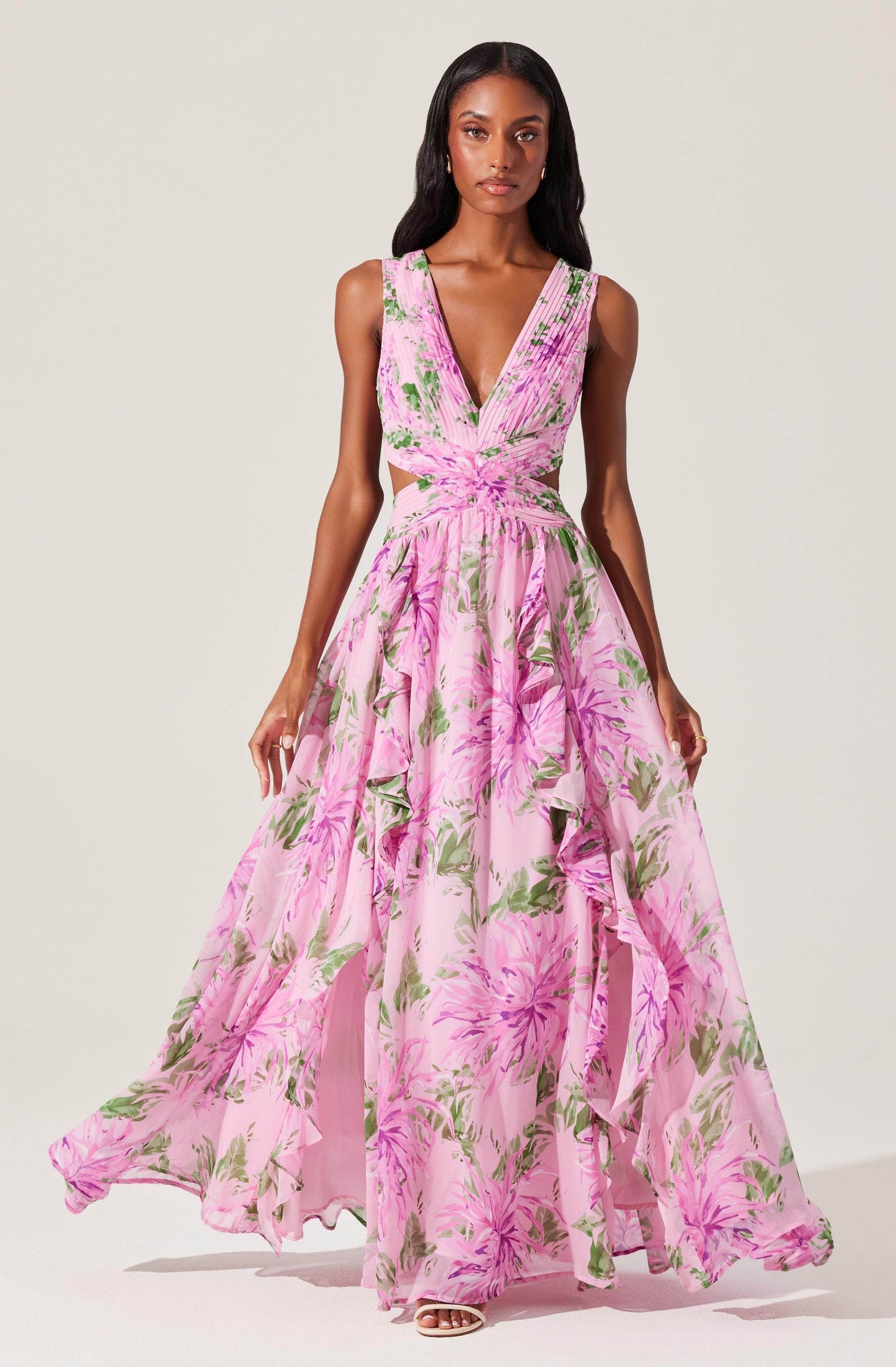 salome ruffle floral cutout maxi dress in pink