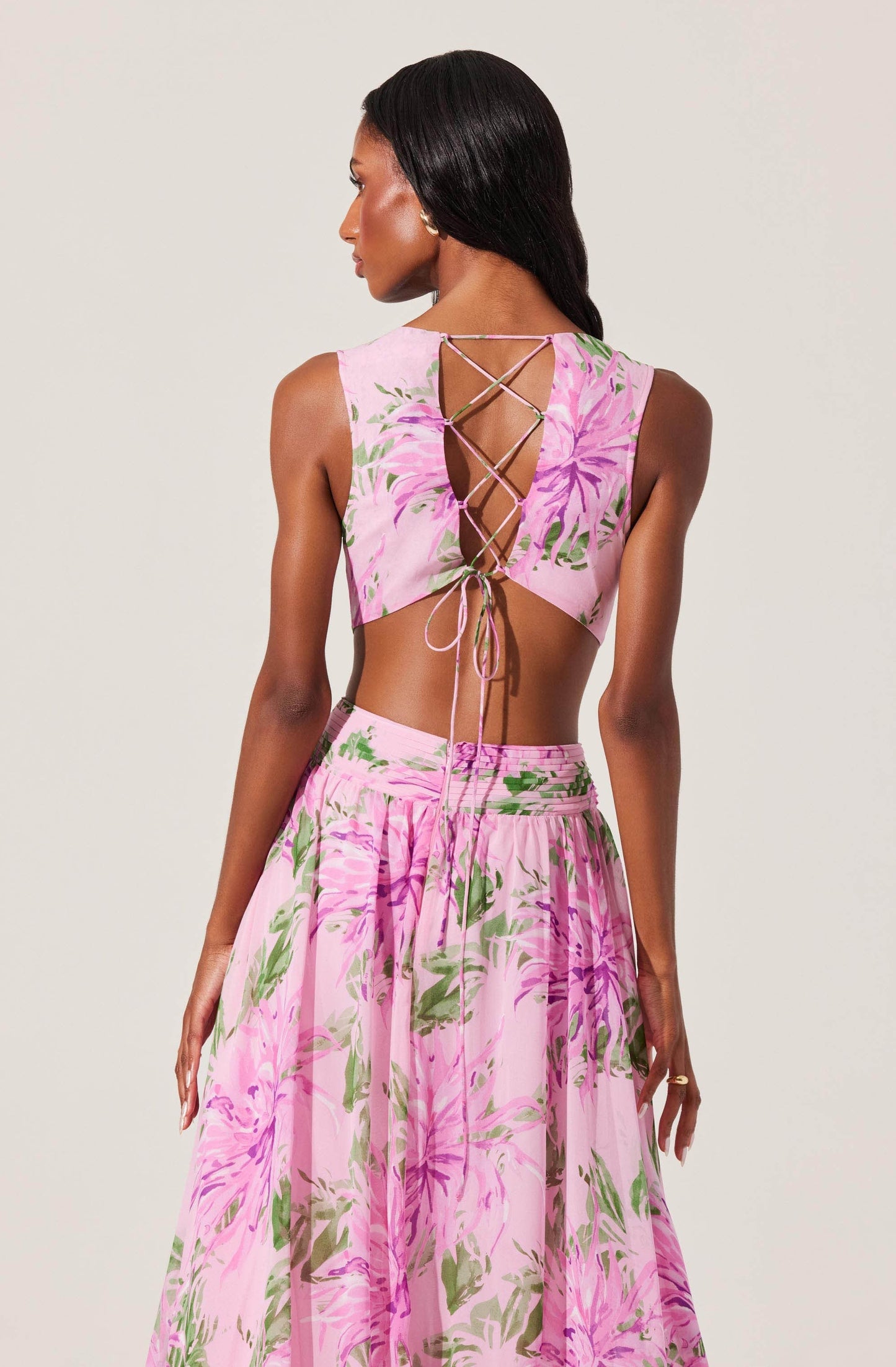 salome ruffle floral cutout maxi dress in pink