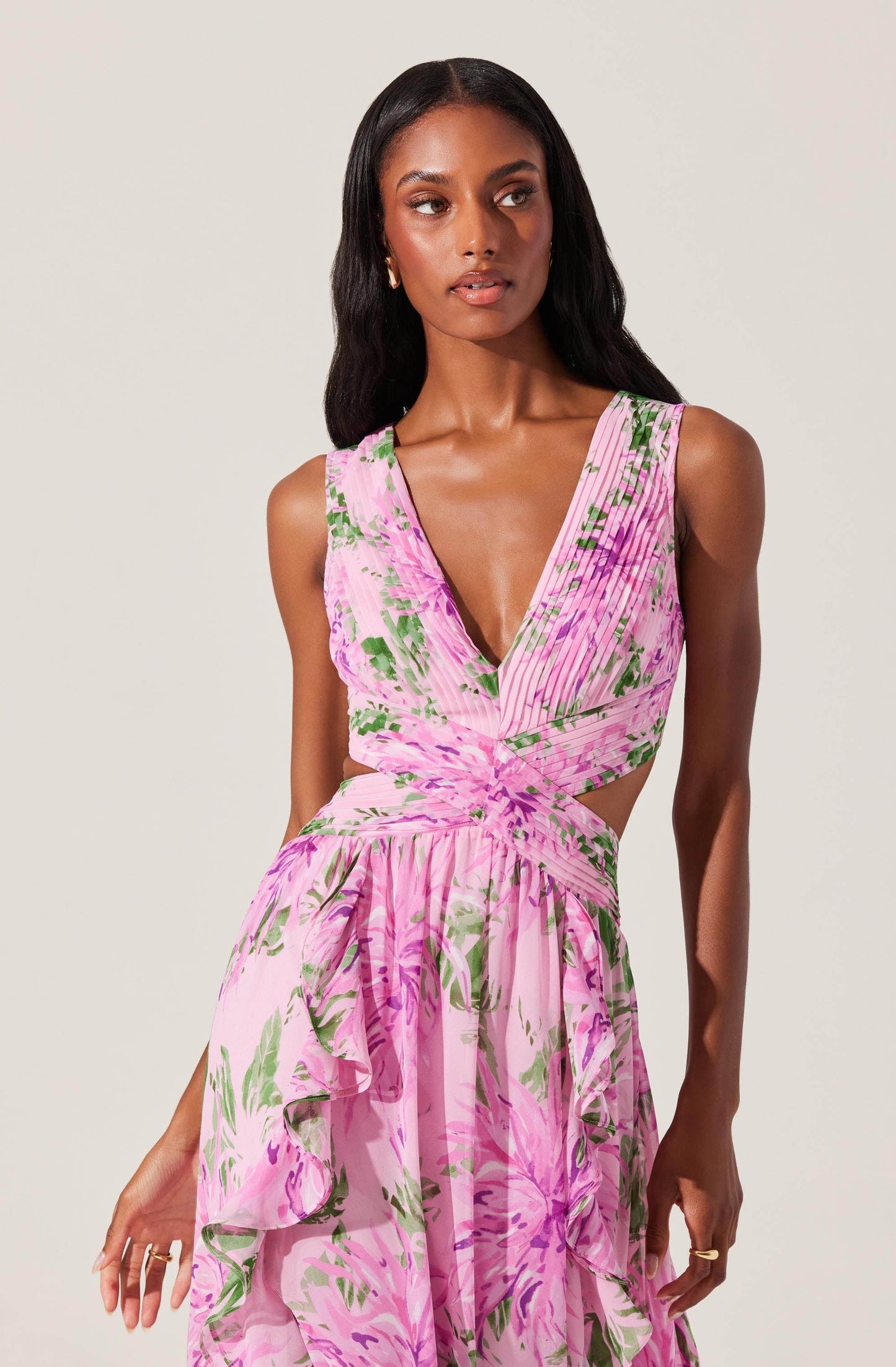 salome ruffle floral cutout maxi dress in pink