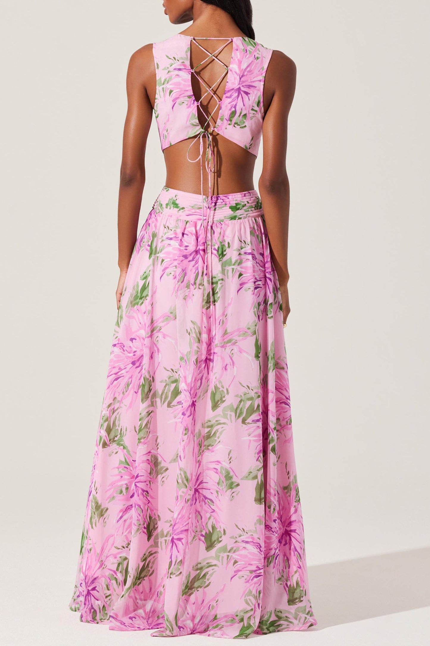 salome ruffle floral cutout maxi dress in pink