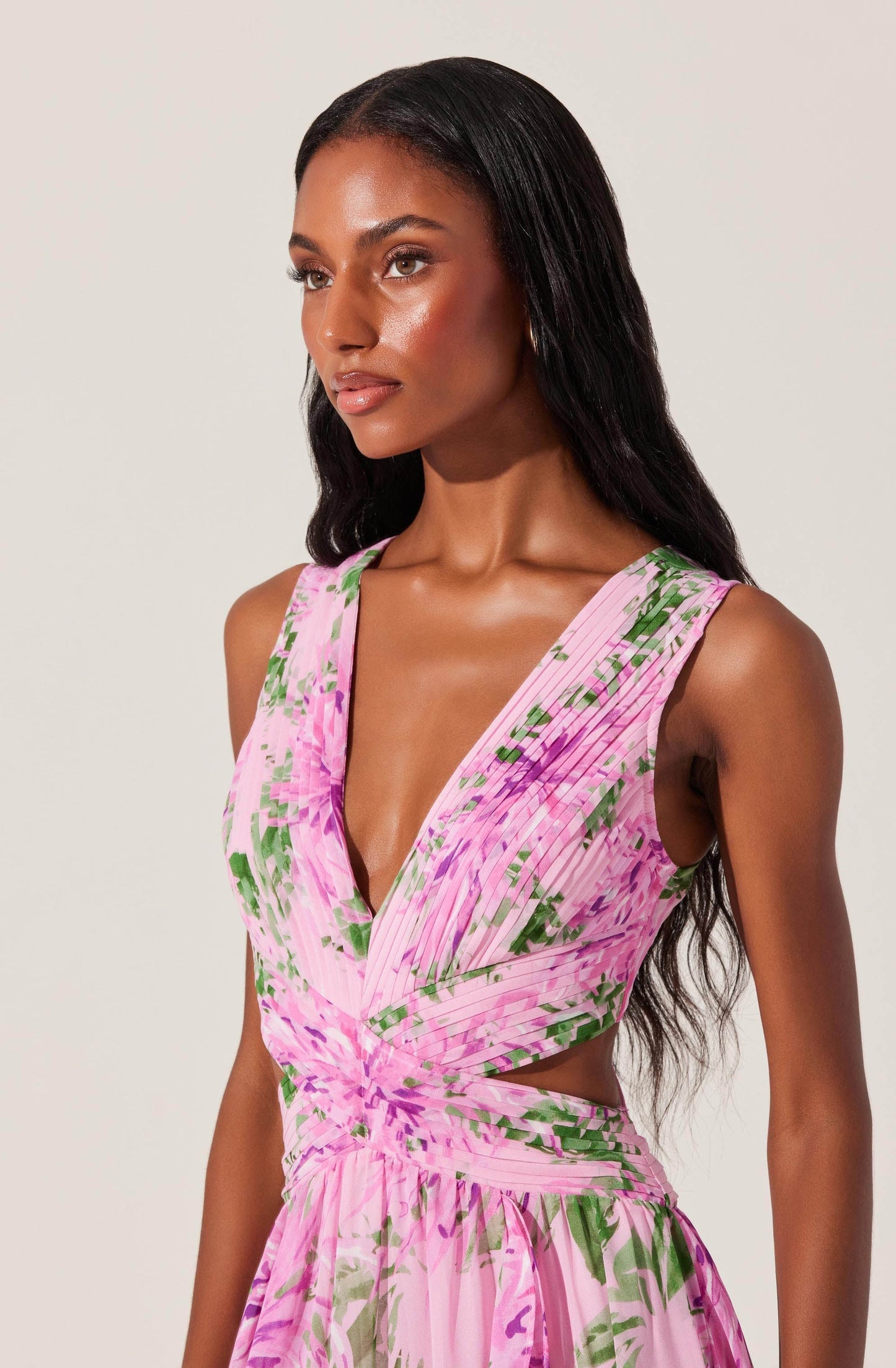 salome ruffle floral cutout maxi dress in pink