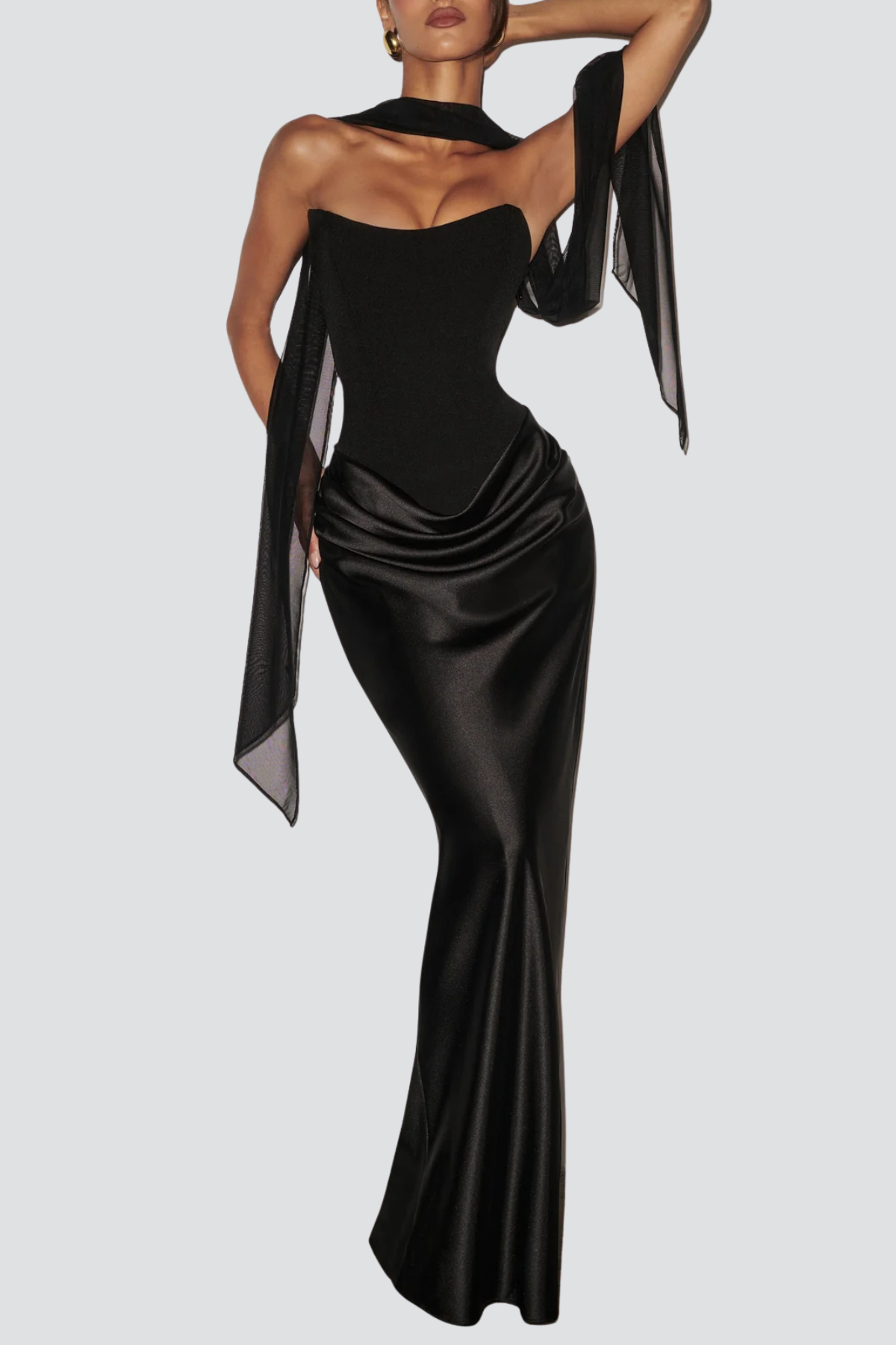 AIsolda Strapless Corset Scarf Satin Maxi Dress - Black