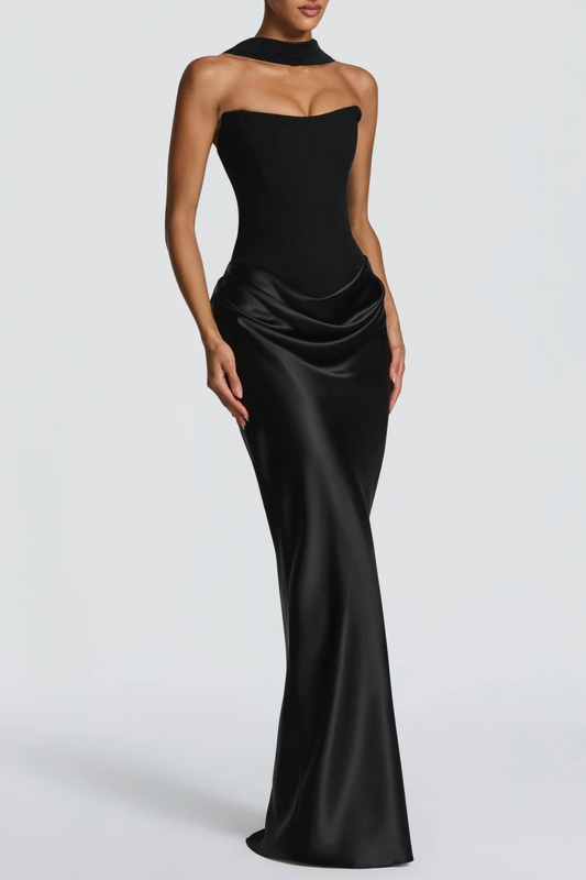 AIsolda Strapless Corset Scarf Satin Maxi Dress - Black