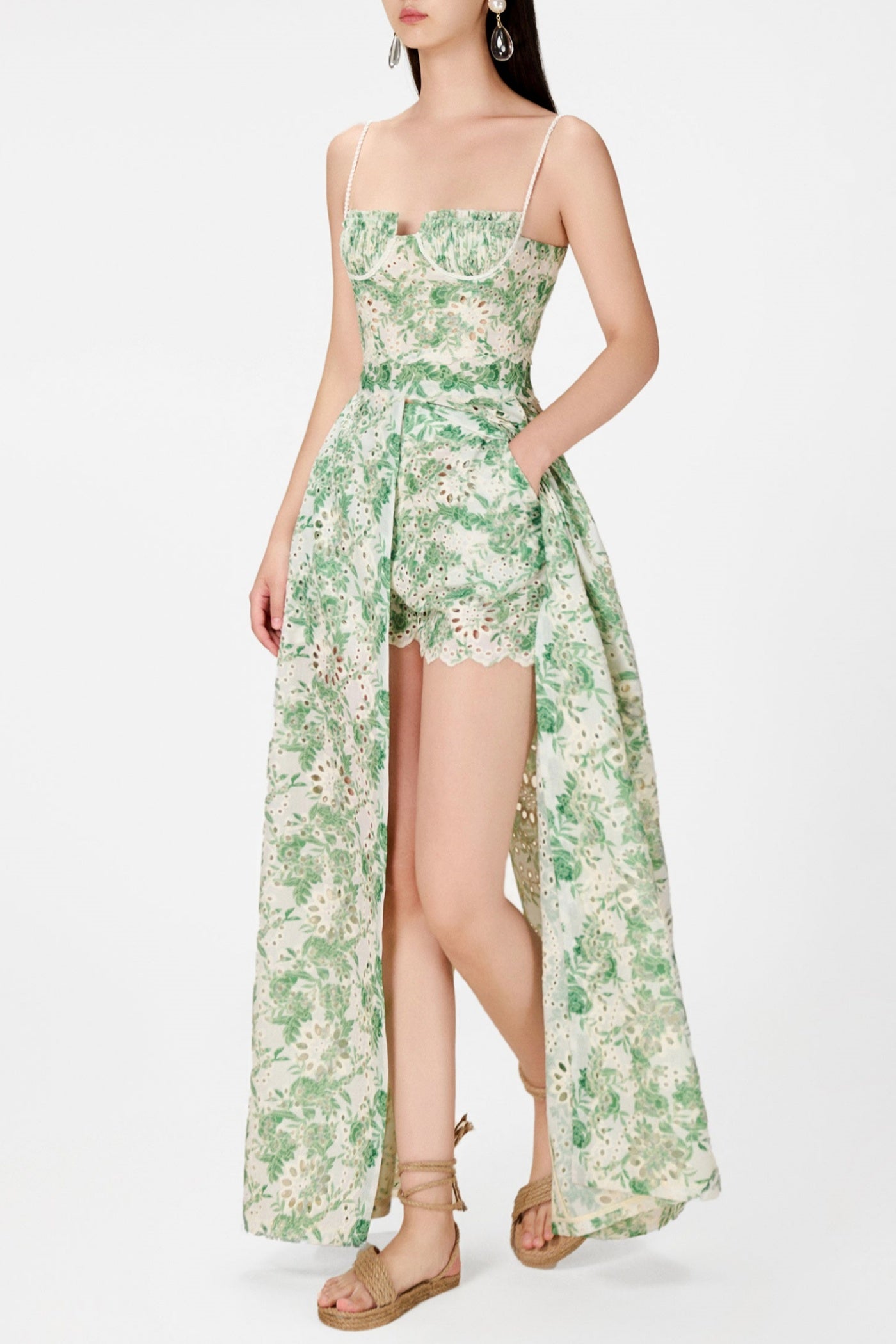 dolores Floral Embroidered Shorts & Maxi Dress Set - Green