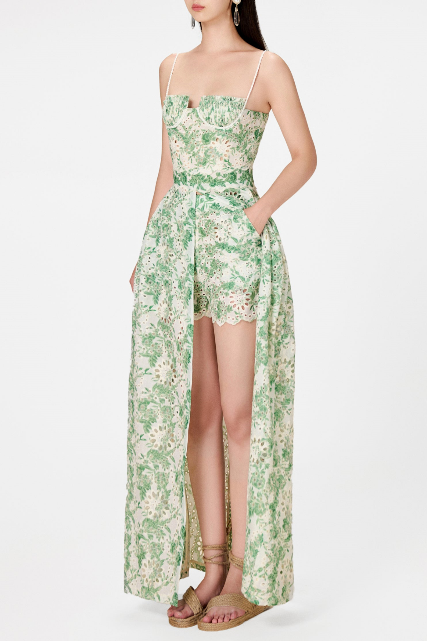dolores Floral Embroidered Shorts & Maxi Dress Set - Green