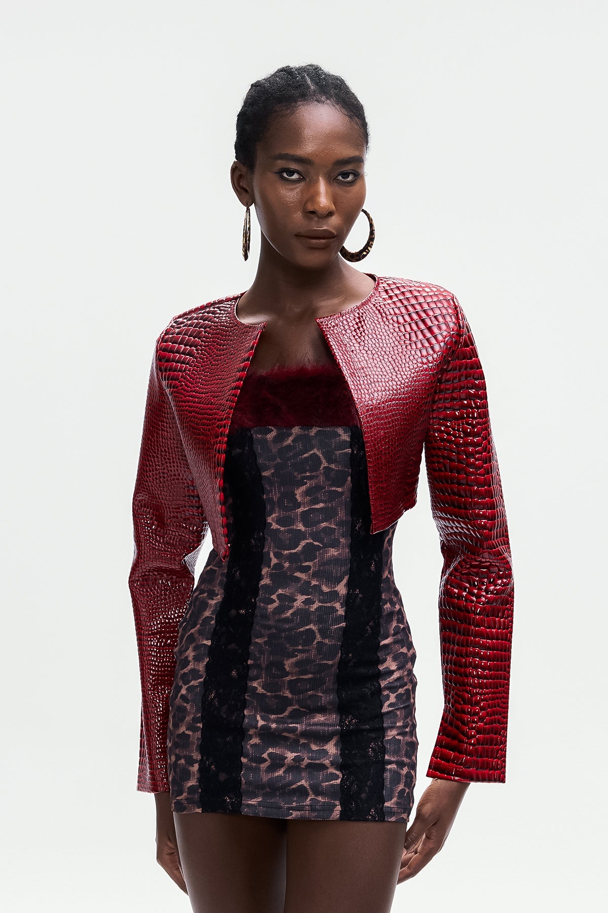 Beacher Crocodile Pattern Crop Leather Jacket