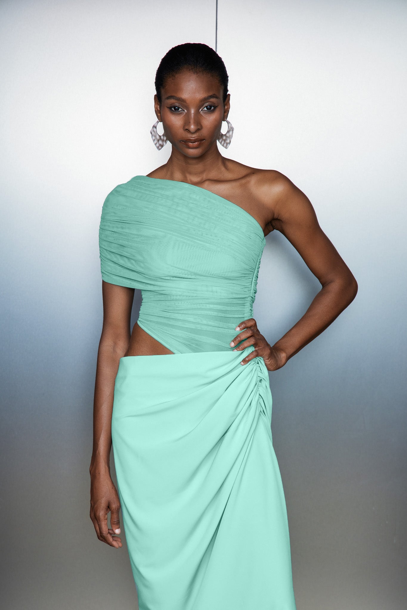 Catharina One Shouder Mesh Ruch Maxi Dress