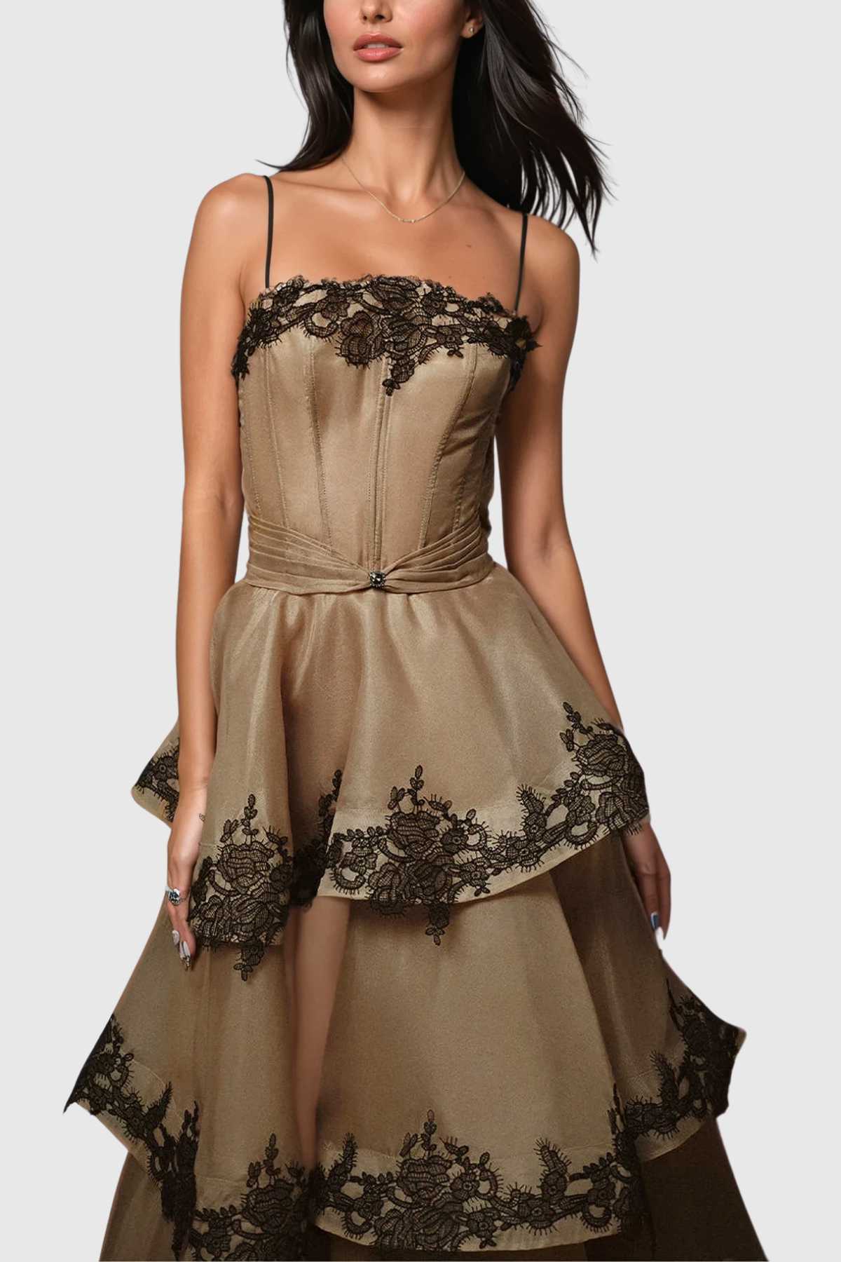 Cibele Lace Mesh Ruffle Maxi Dress