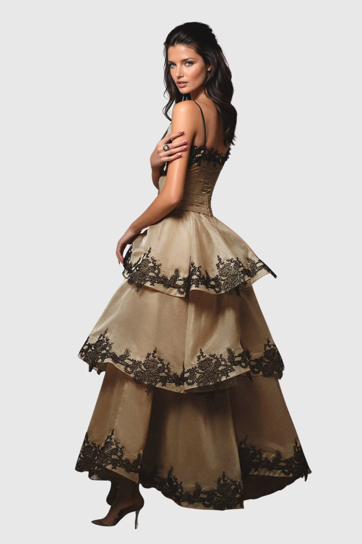 Cibele Lace Mesh Ruffle Maxi Dress
