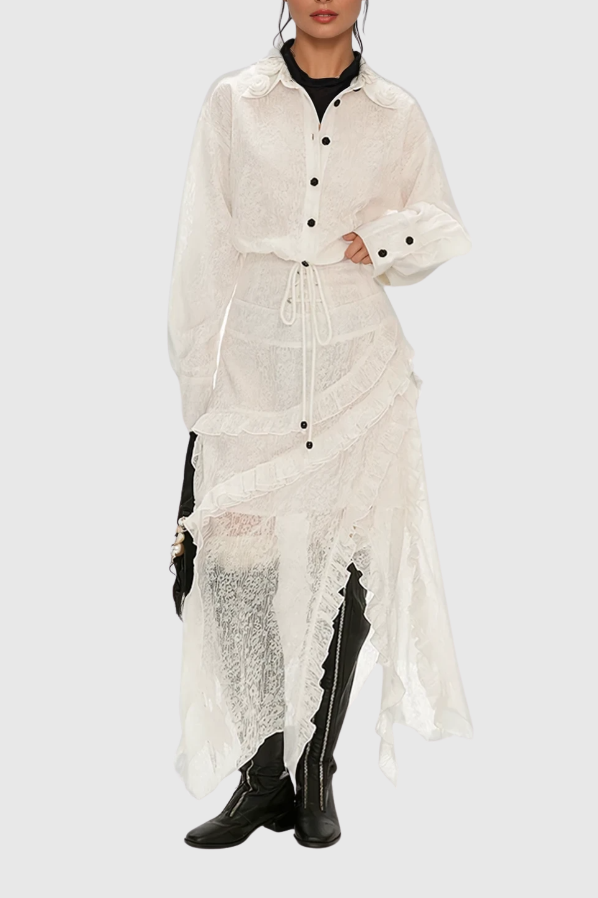 Ciprian Asymmetric Lace Maxi Shirt Dress
