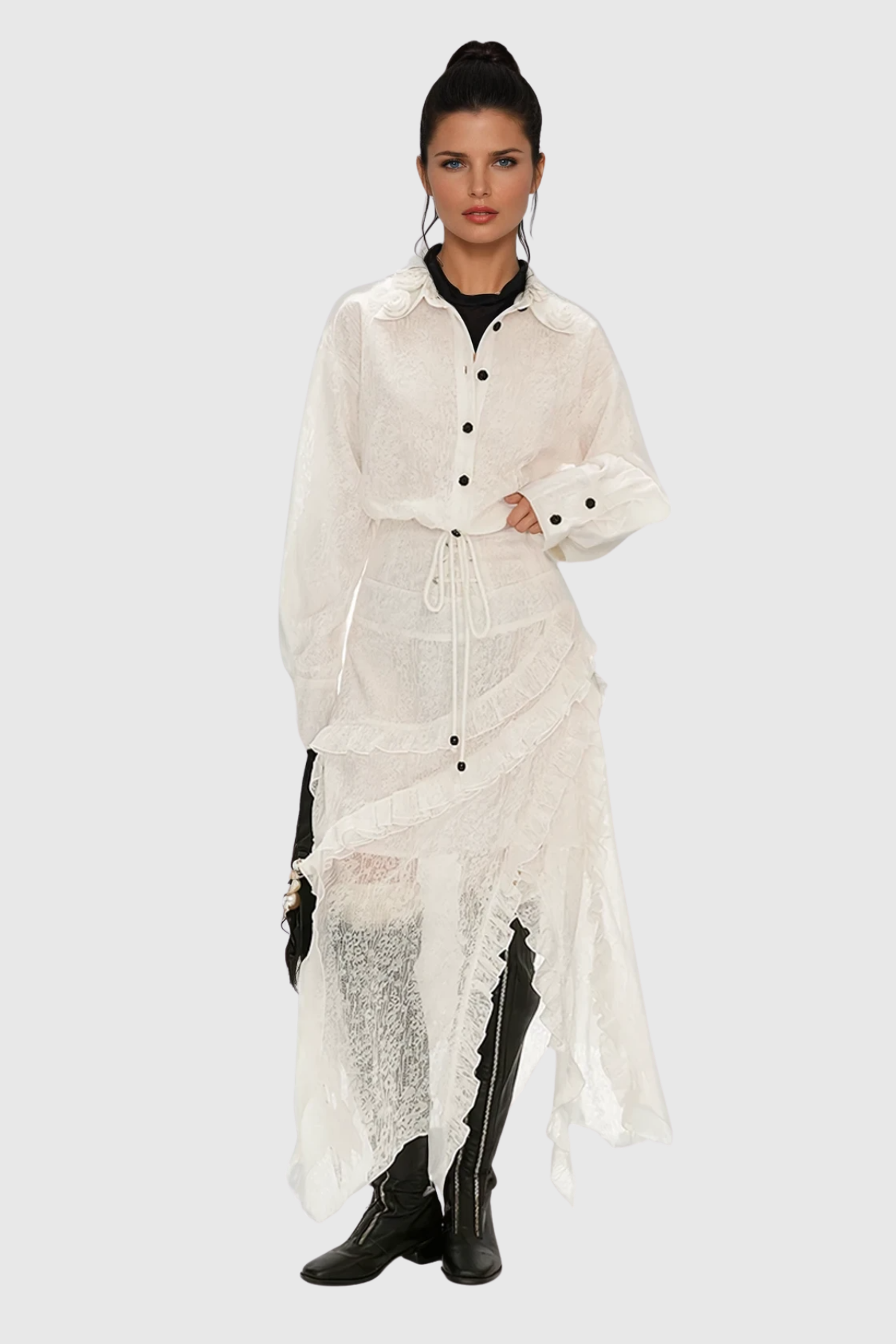 Ciprian Asymmetric Lace Maxi Shirt Dress