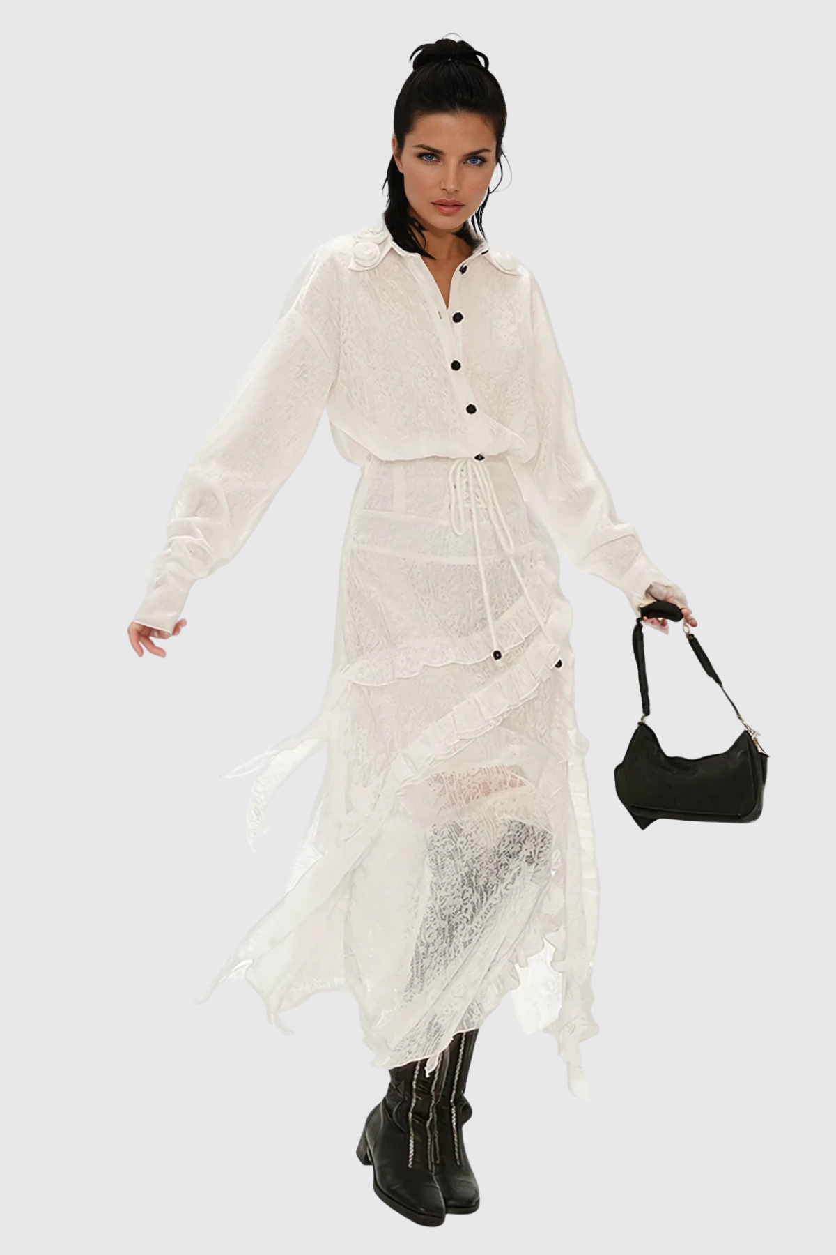 Ciprian Asymmetric Lace Maxi Shirt Dress