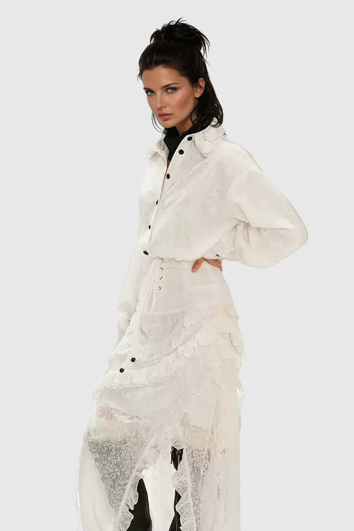 Ciprian Asymmetric Lace Maxi Shirt Dress