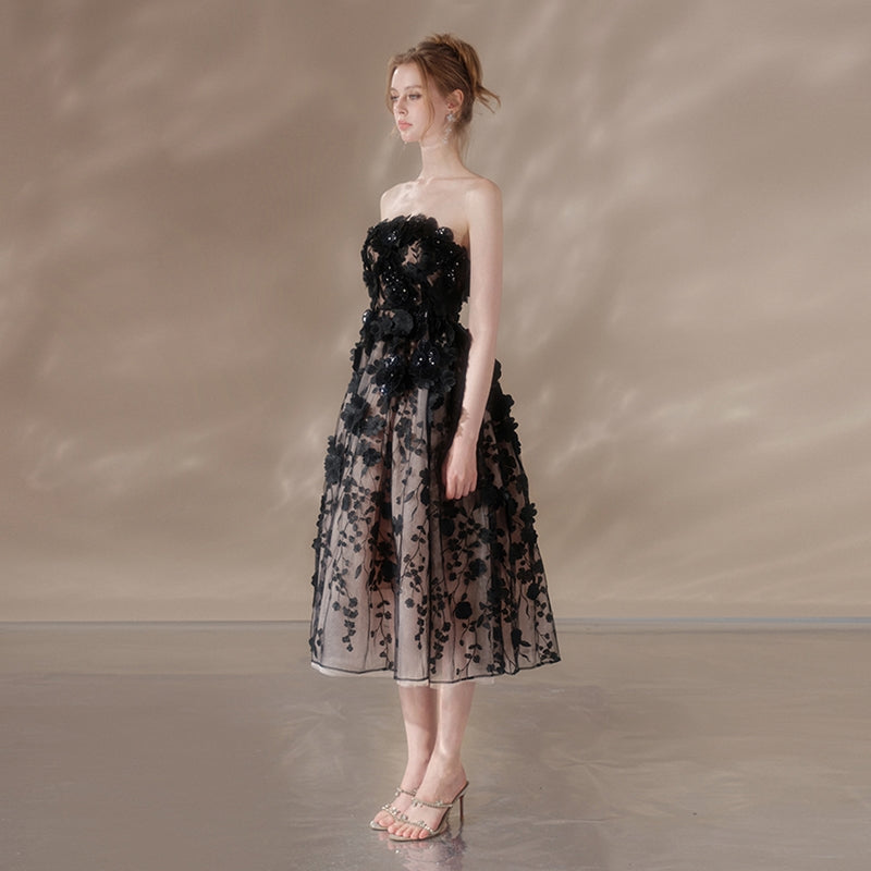 roxanne crystal floral embroidery midi dress in black