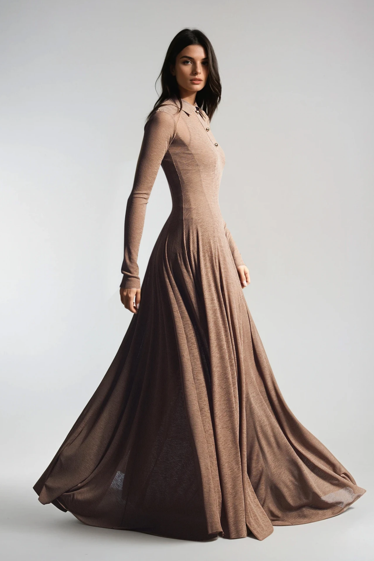 Dany Long Sleeve Ruffle Knit Maxi Dress In Khaki