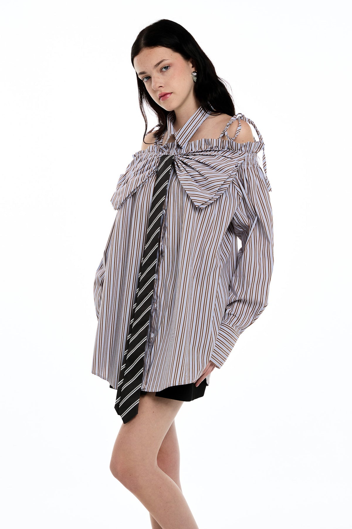 Daquan Two Piece Bow Stripe Top In Brown