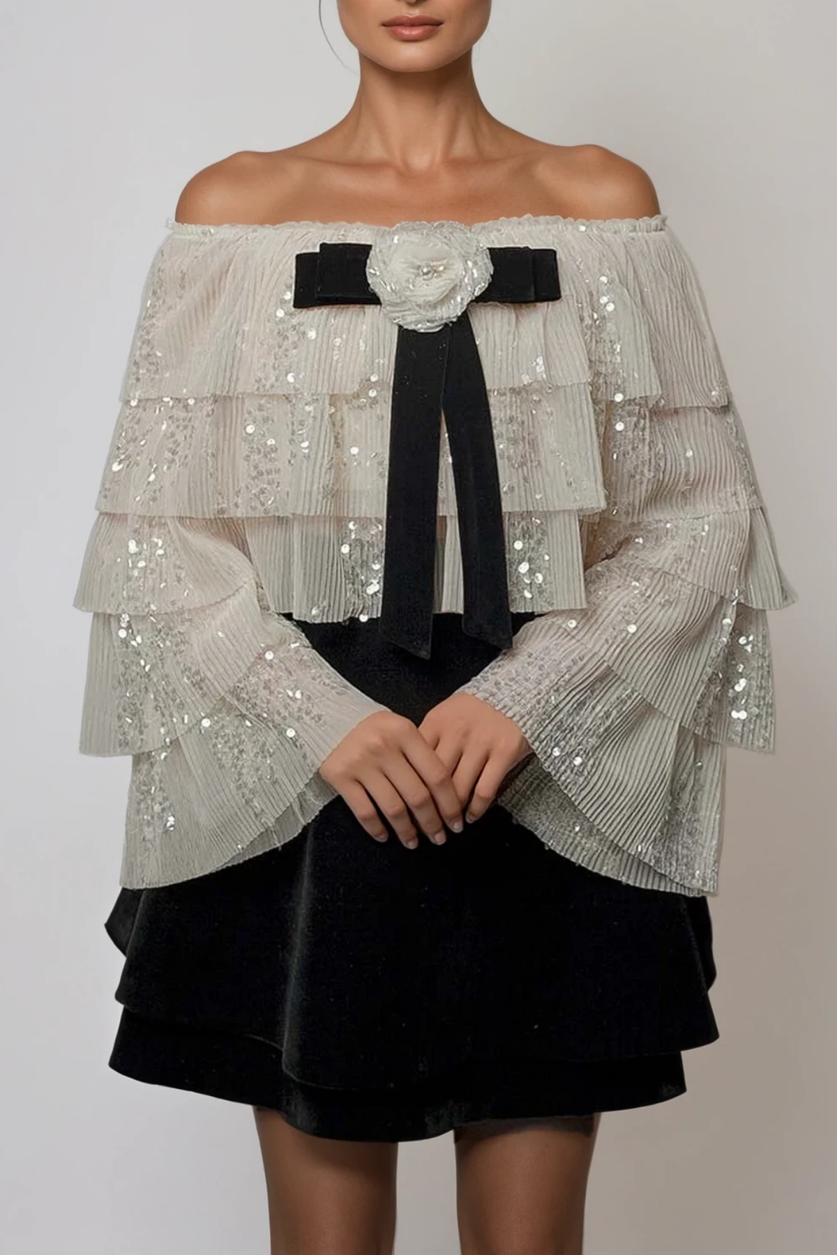 Daris Flower Ruffle Sequin Skirt Set
