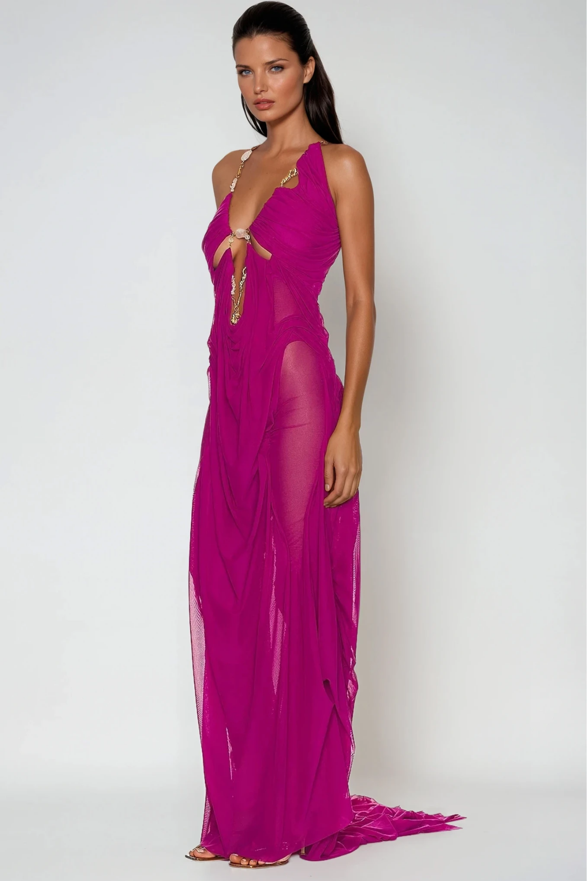kimberley Plunge Chain Asymmetric Maxi Dress In Purple