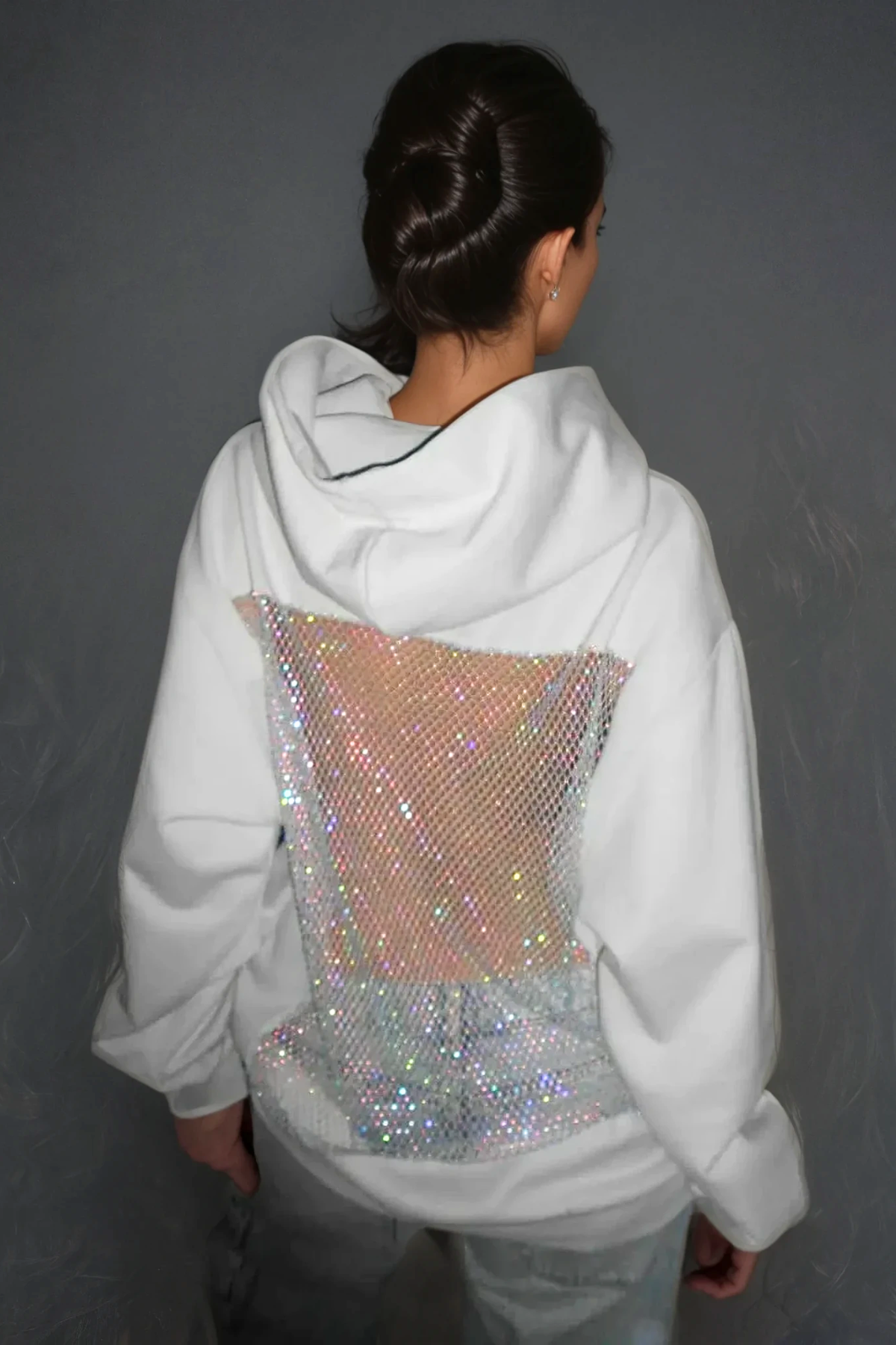 Dazhbog Hooded Rhinestone Mesh Top In White