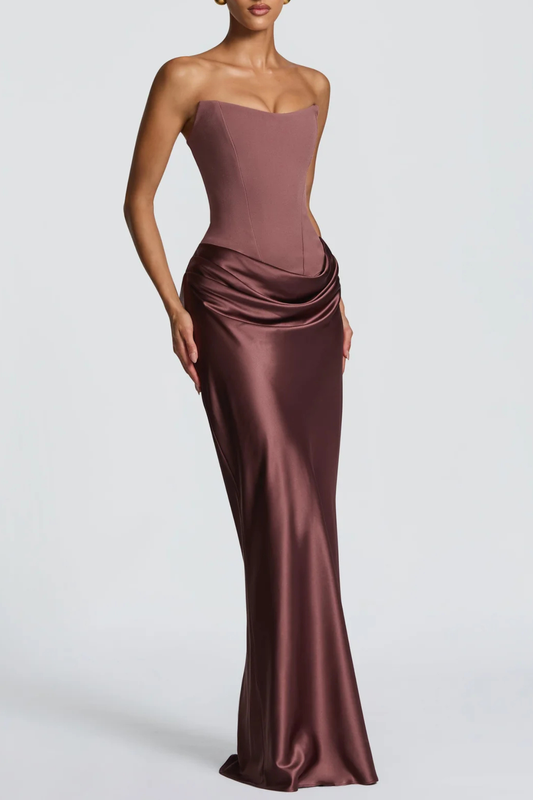 AIsolda Strapless Corset Scarf Satin Maxi Dress - Dusty Pink