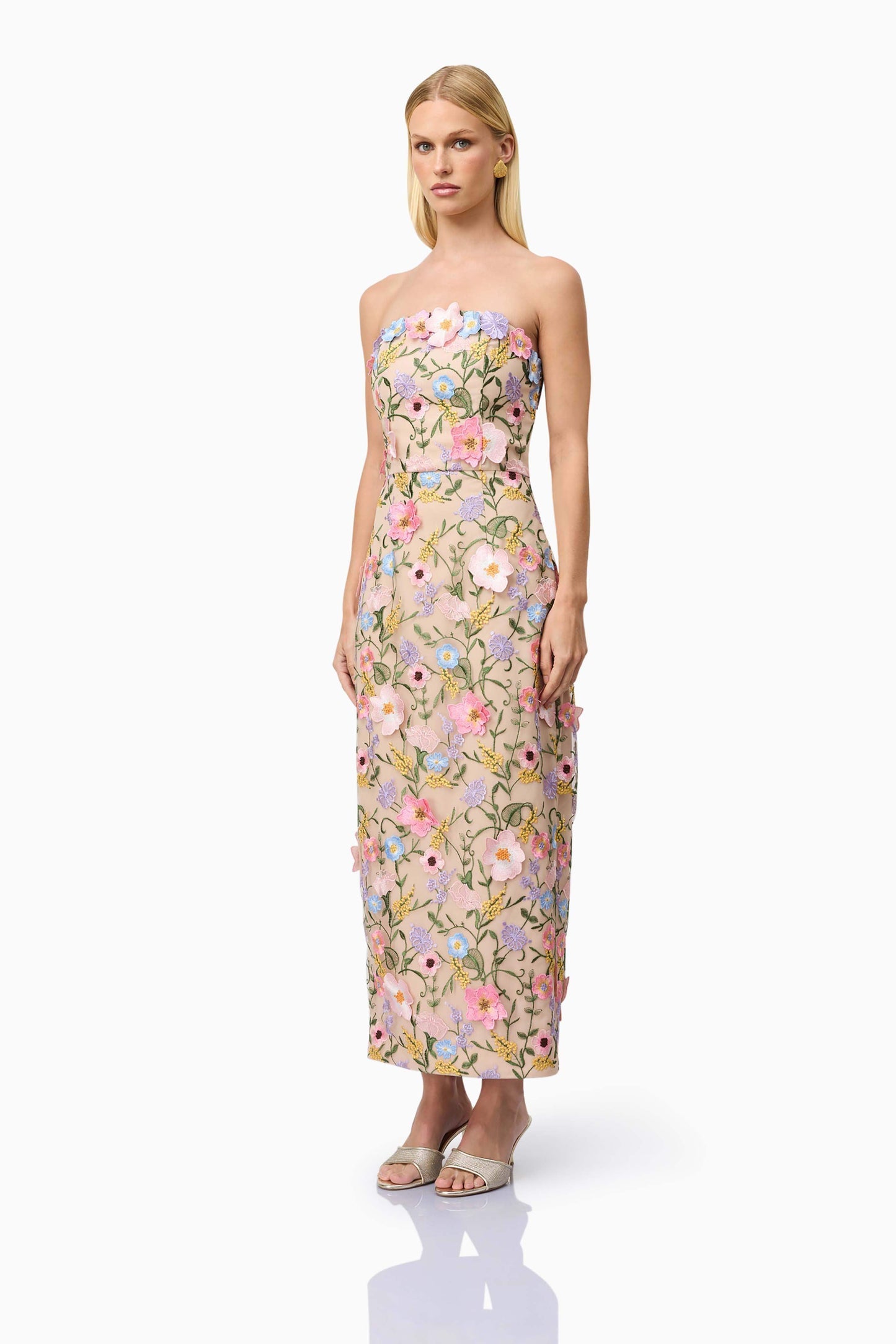 Helena Strapless Midi Dress In Floral apricot