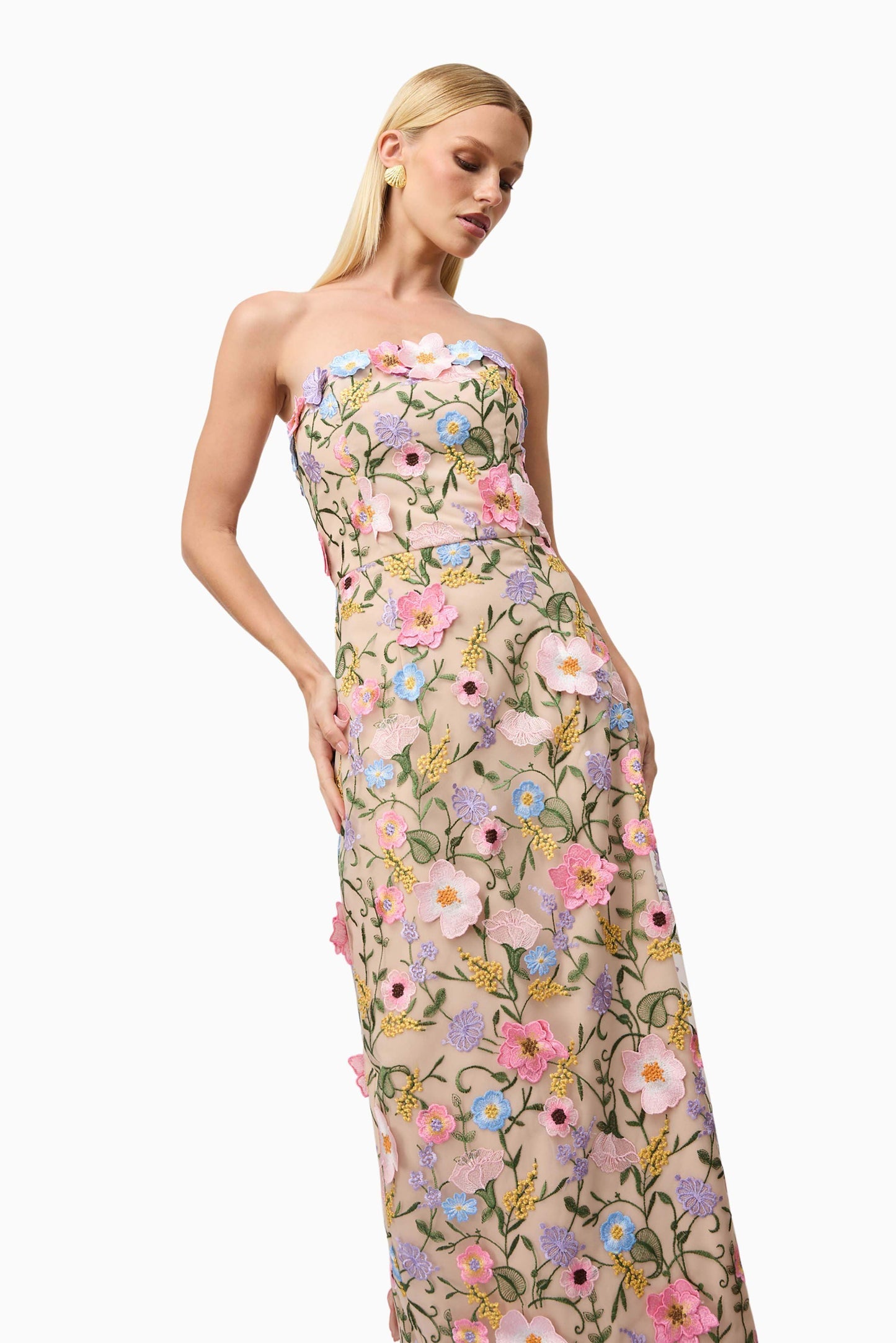 Helena Strapless Midi Dress In Floral apricot