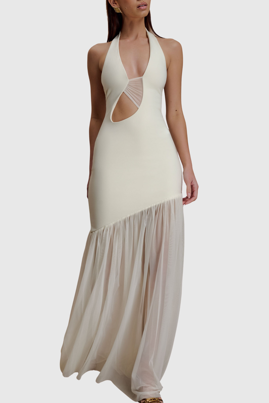 Kimba Halter Cutout Mesh Maxi Dress - White