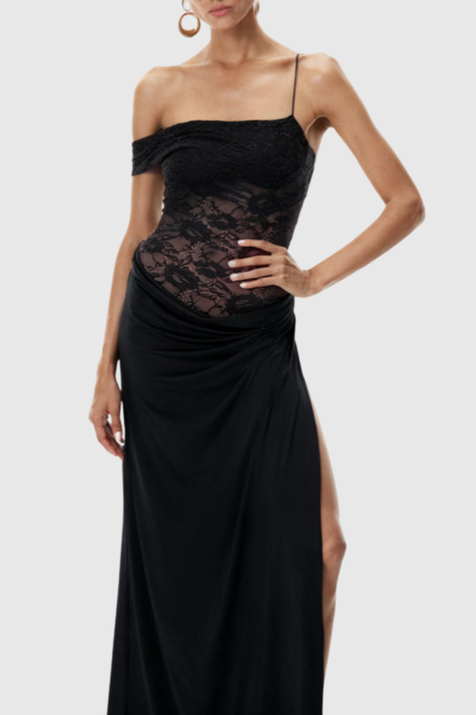 Leroy Lace Panel Asymmetric Maxi Dress - Black