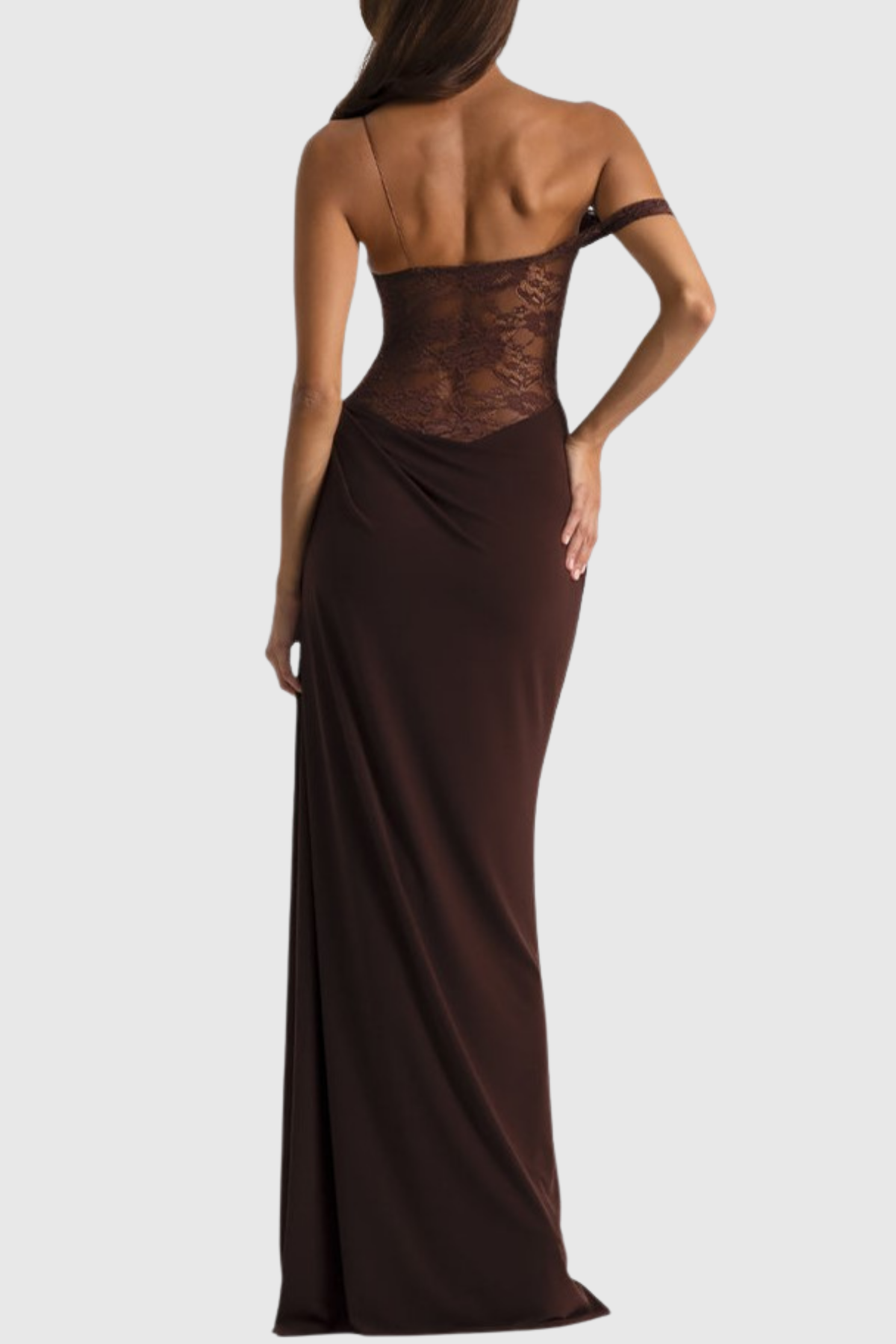 Leroy Lace Panel Asymmetric Maxi Dress - Brown