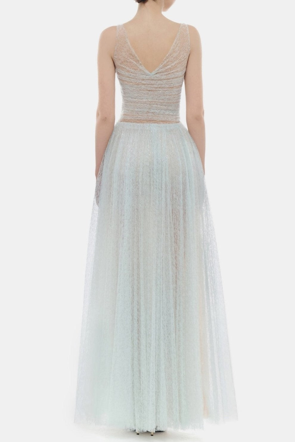 jessica Mesh Pleated lace Maxi Dress - Blue