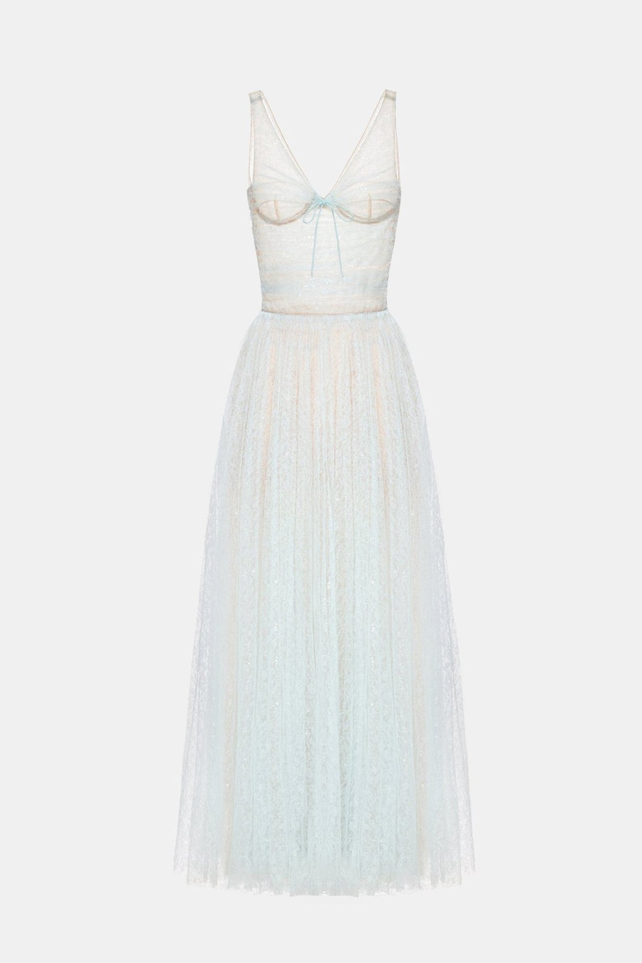 jessica Mesh Pleated lace Maxi Dress - Blue