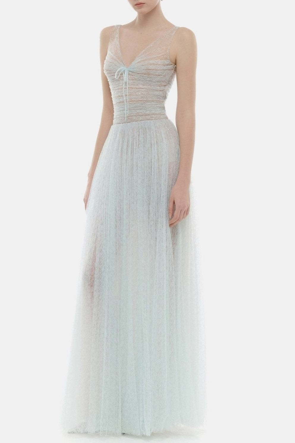jessica Mesh Pleated lace Maxi Dress - Blue
