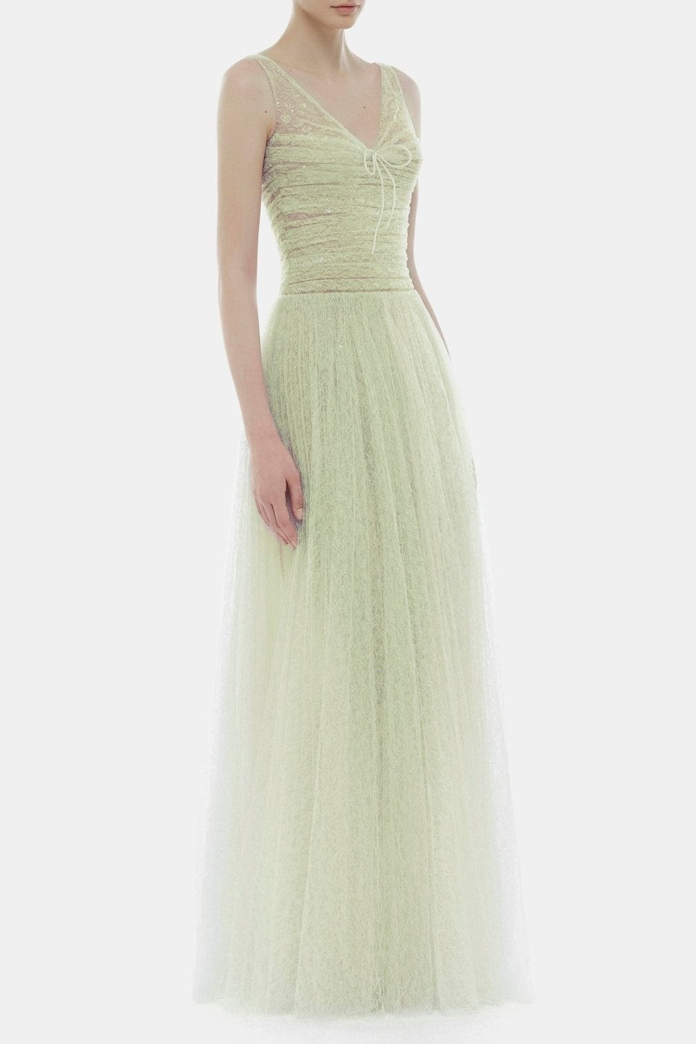 jessica Mesh Pleated lace Maxi Dress - Mint
